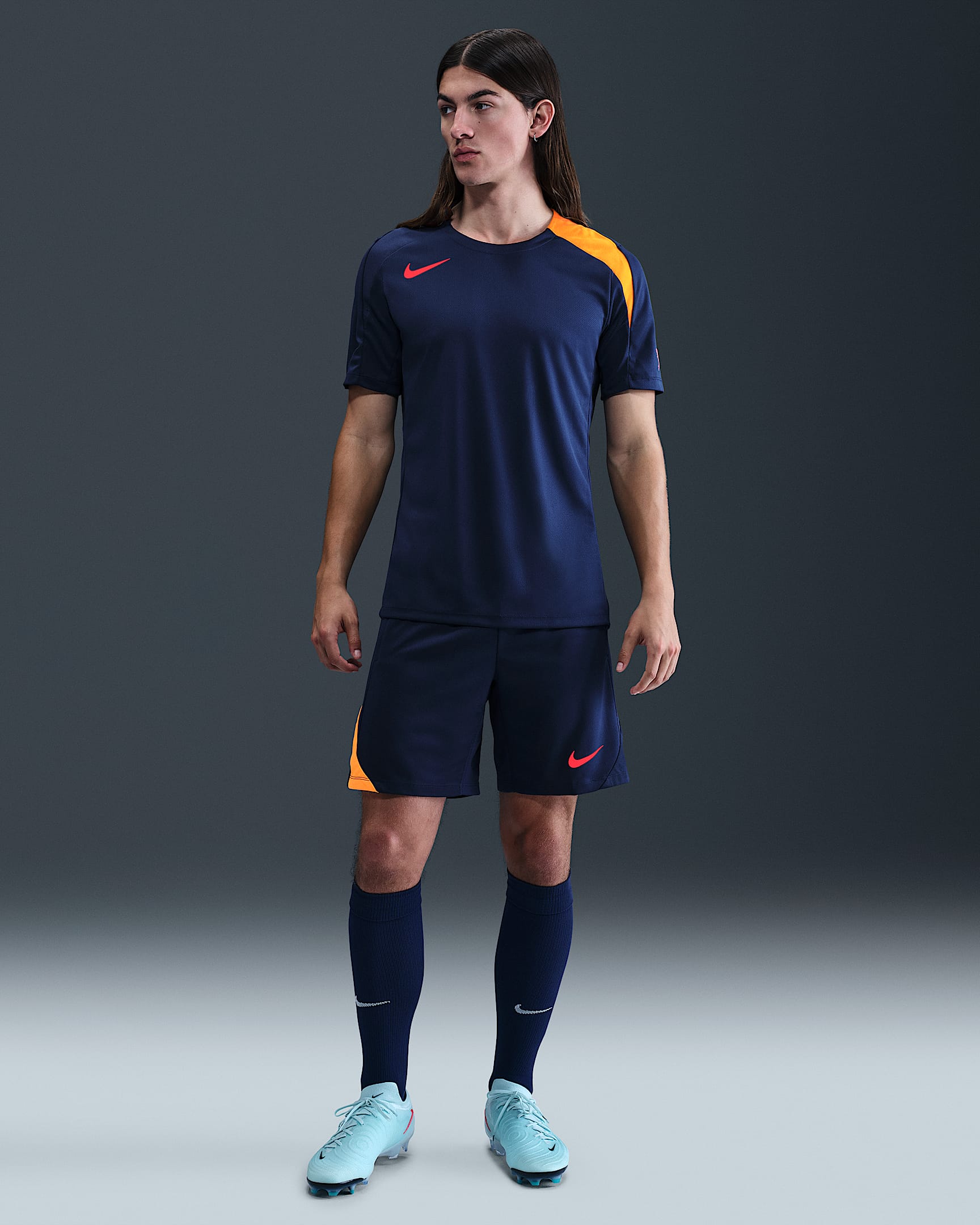 Calções de futebol Dri-FIT Nike Strike para homem - Azul Void/Azul Void/Laranja Laser/Carmesim Bright