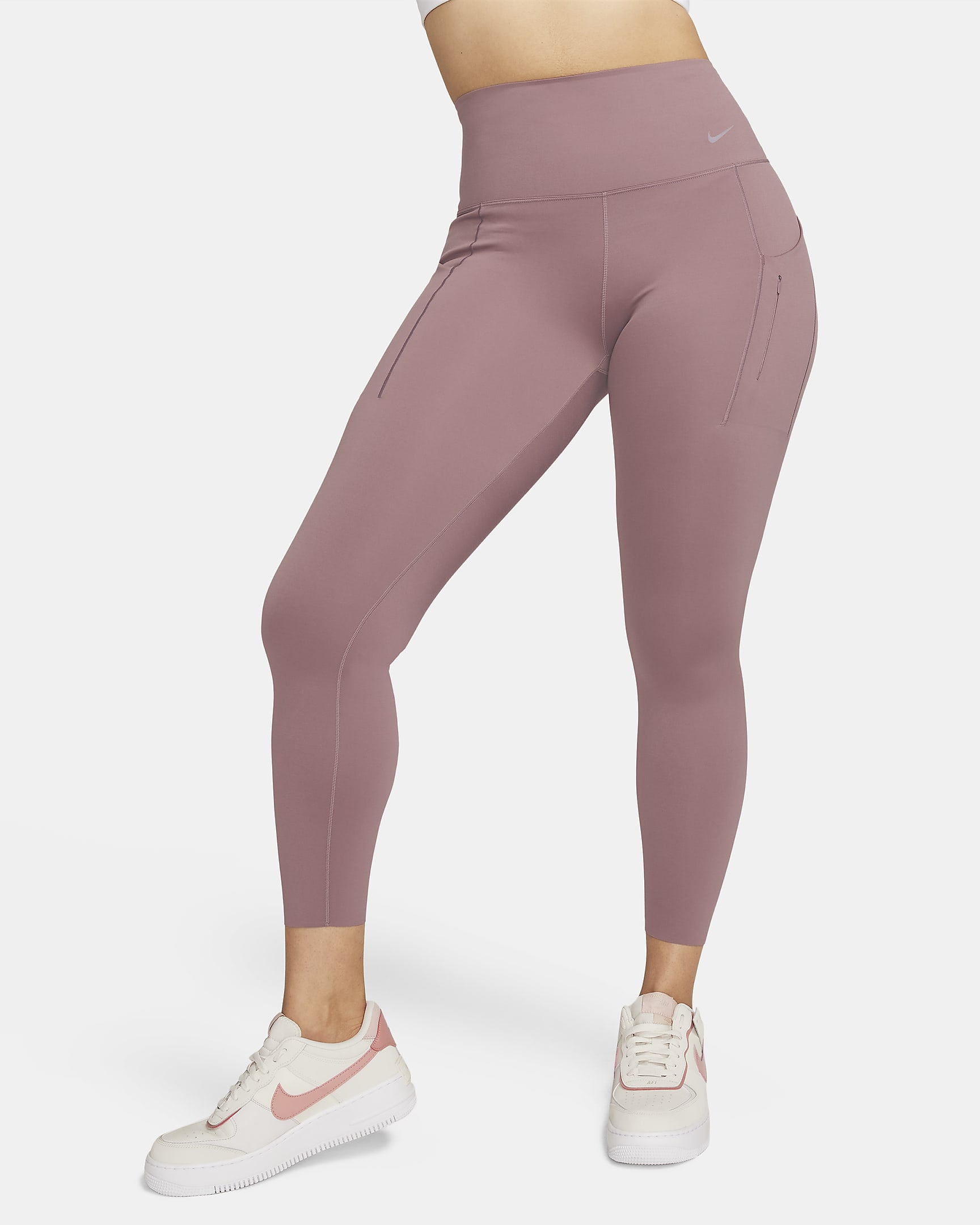 Leggings de tiro alto de 7/8 de sujeción firme con bolsillos para mujer Nike Go - Malva humeante/Negro