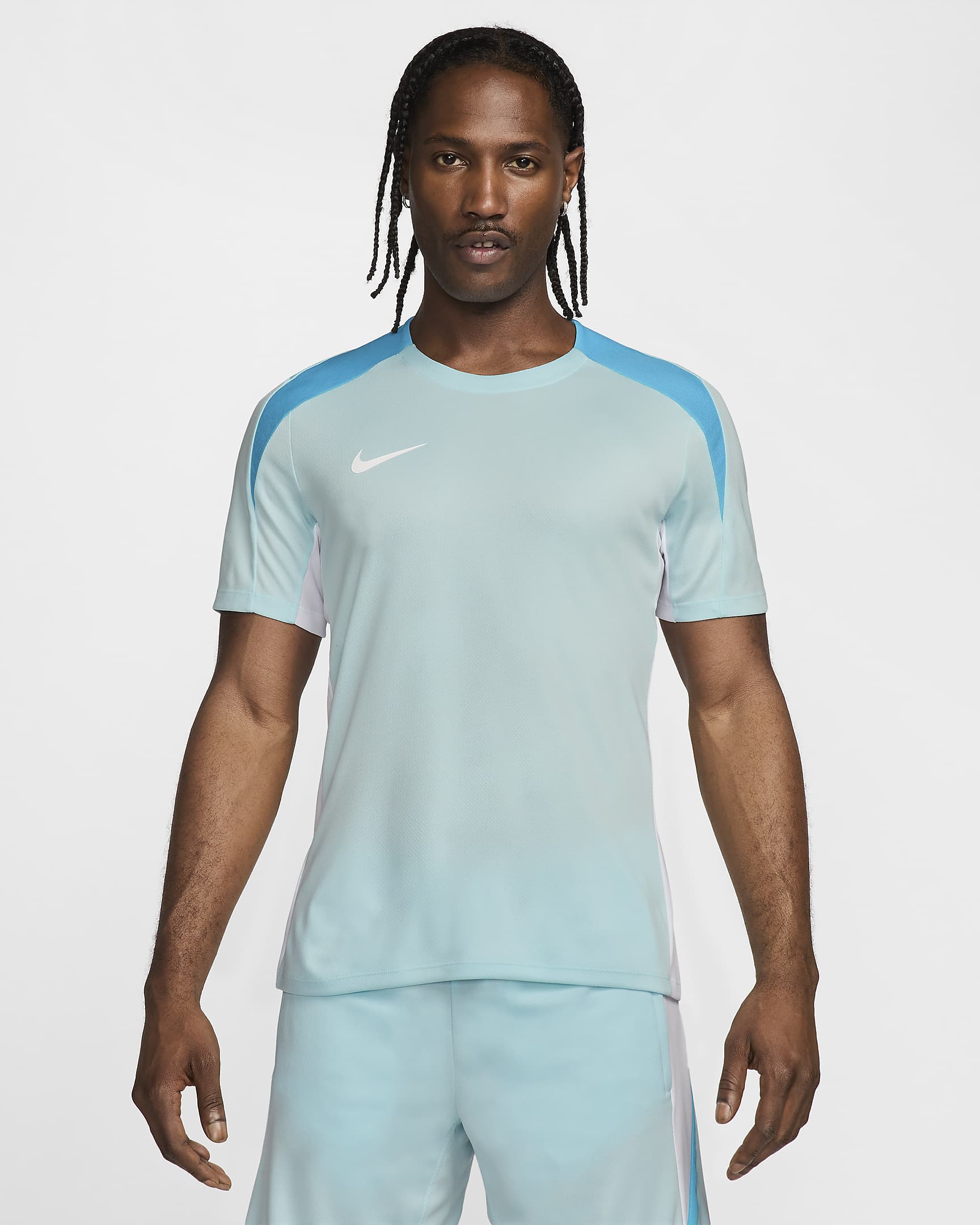 Playera de fútbol de manga corta  Dri-FIT para hombre Nike Strike - Azul glacial/Blanco/Azul báltico/Blanco