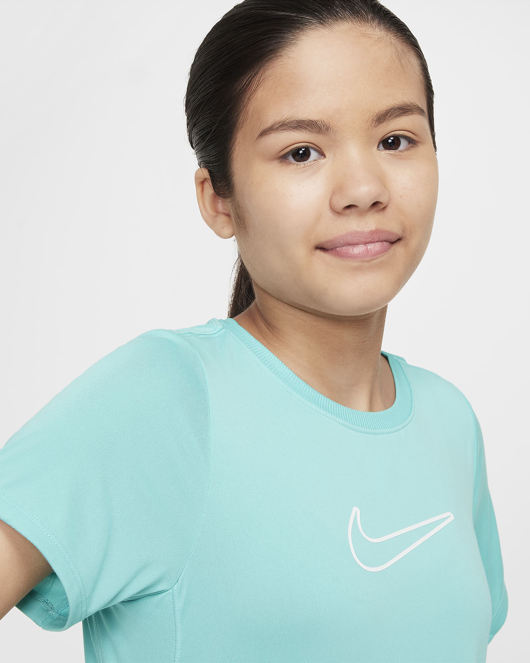 Nike One Fitted Older Kids' (Girls') Dri-FIT Short-Sleeve Top - Green Frost/White