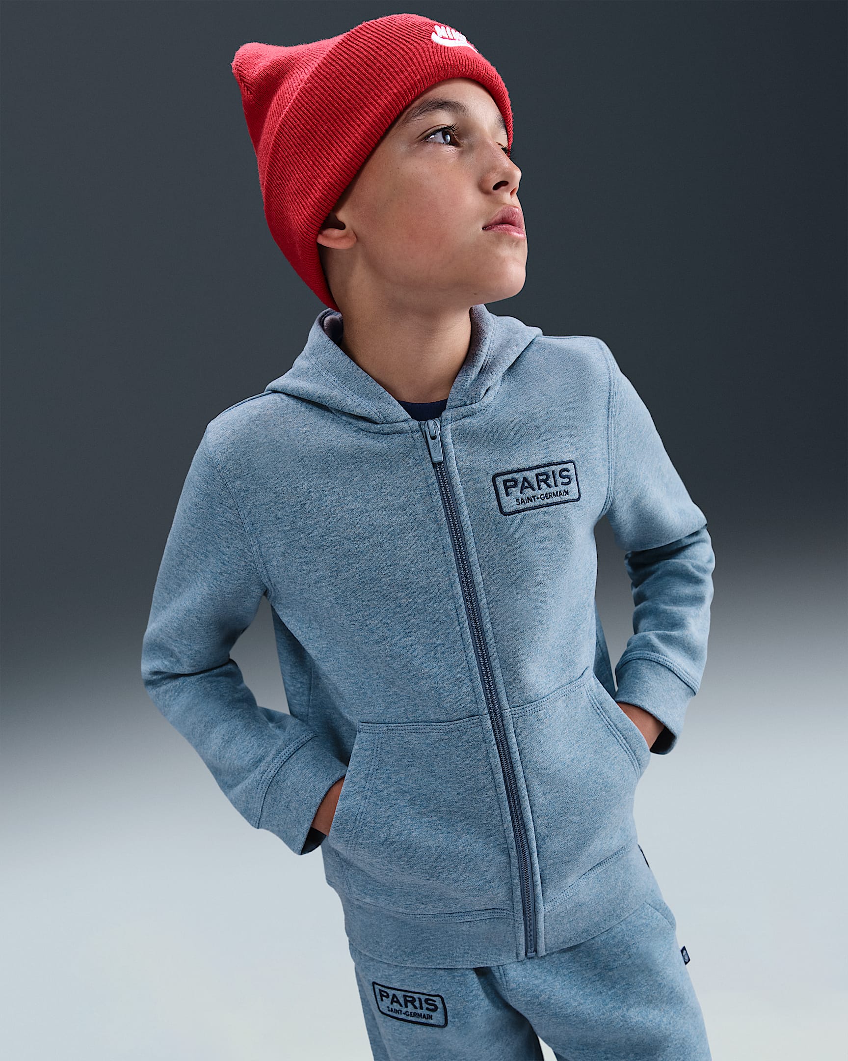 Paris Saint-Germain Club Big Kids' (Boys') Nike Soccer Full-Zip Hoodie - Ashen Slate/Heather/Midnight Navy