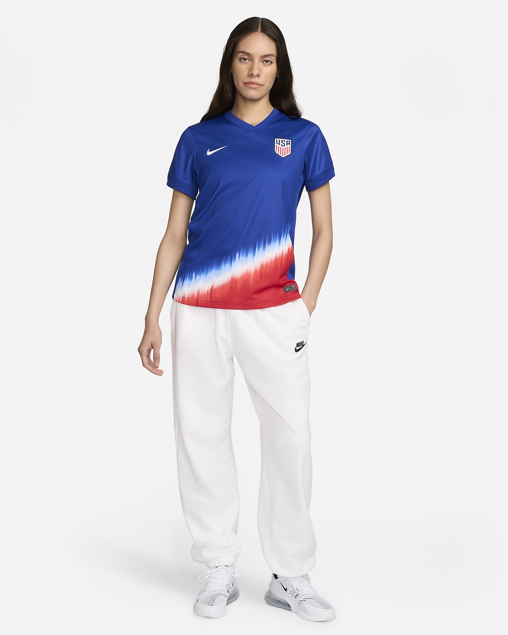 Jersey de fútbol Nike Dri-FIT Replica del USWNT visitante 2024 Stadium para mujer - Azul eléctrico/Blanco/Blanco