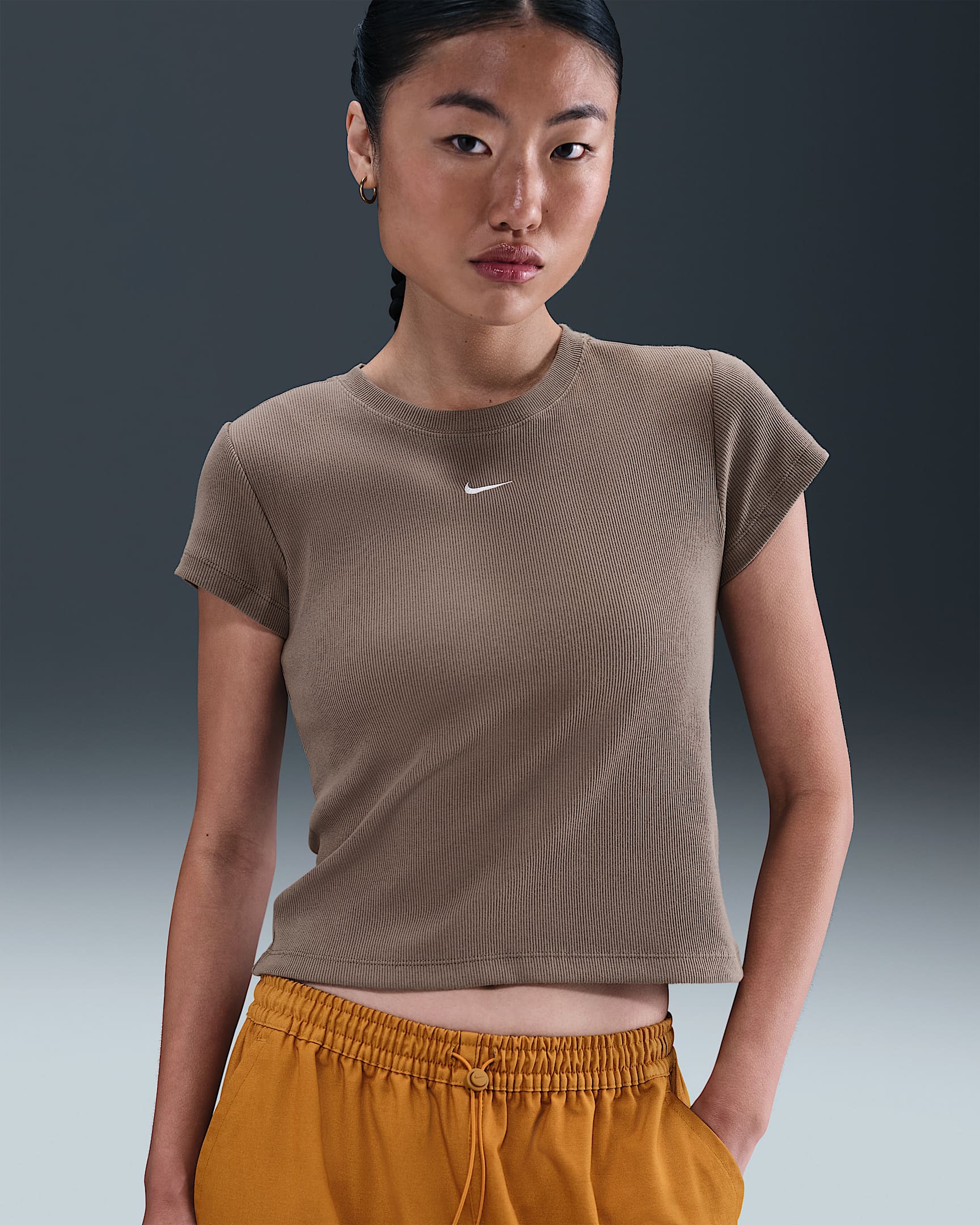 Nike Sportswear Women's Tight Ribbed Short-Sleeve T-Shirt - Mink Brown