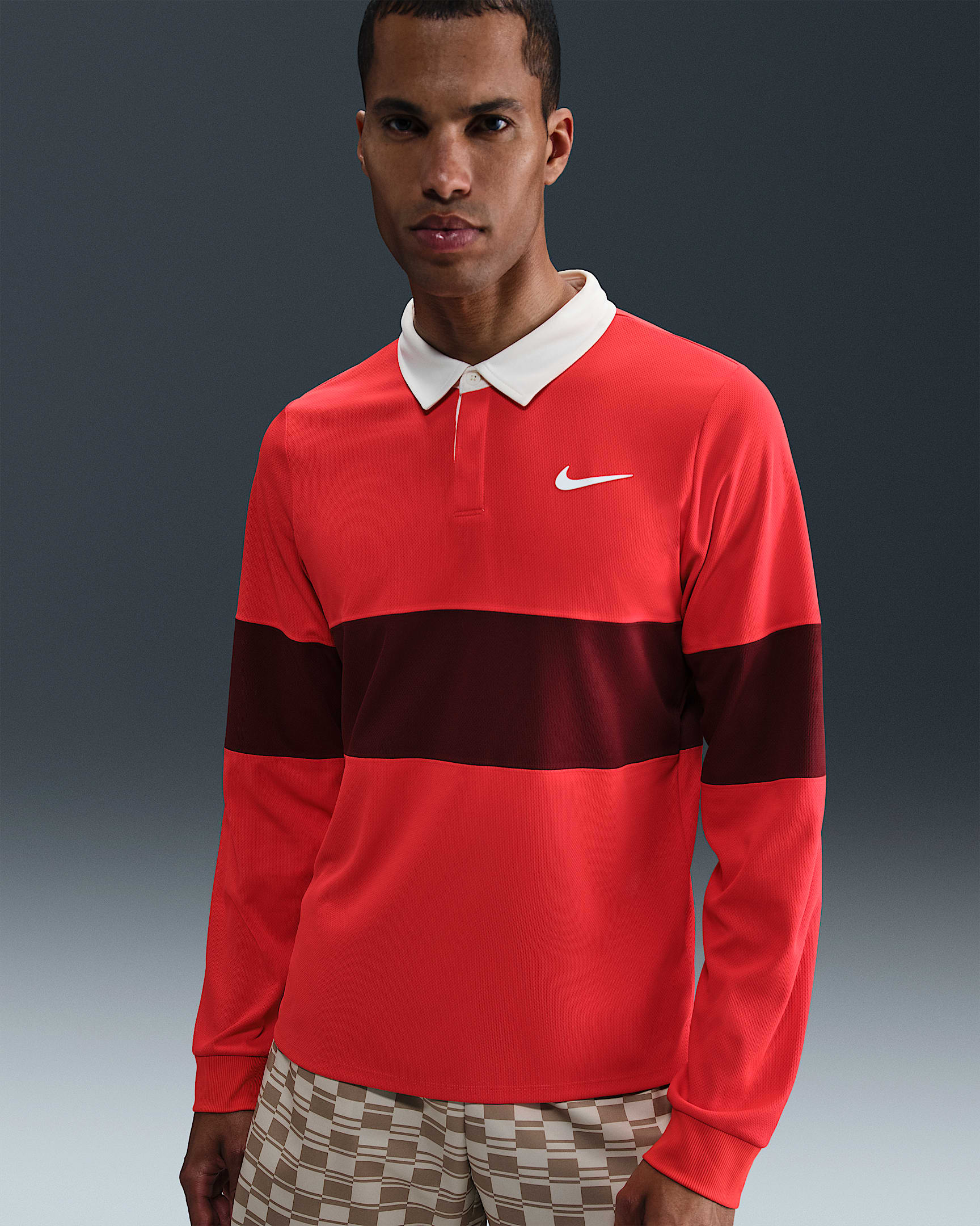 NikeCourt Slam Men's Dri-FIT ADV Long-Sleeve Tennis Polo - Light Crimson/Dark Team Red/White