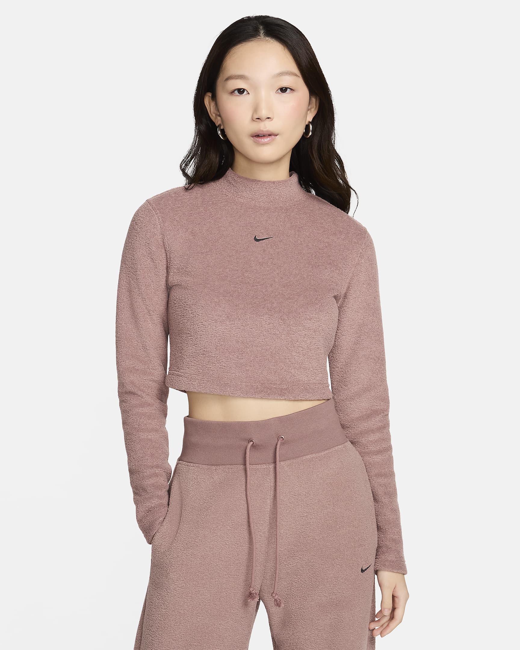 Nike Sportswear Phoenix Plush Women's Slim Long-Sleeve Cropped Cozy Fleece Top - Smokey Mauve/Black