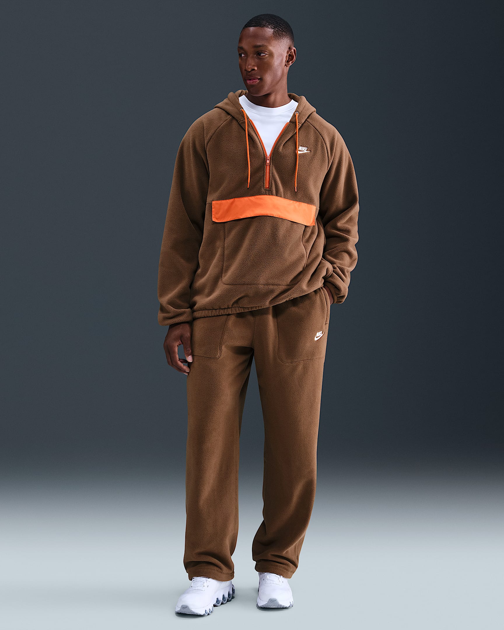Nike Sportswear Club Men's Winterized Pants - Mosswood Brown/Campfire Orange/White