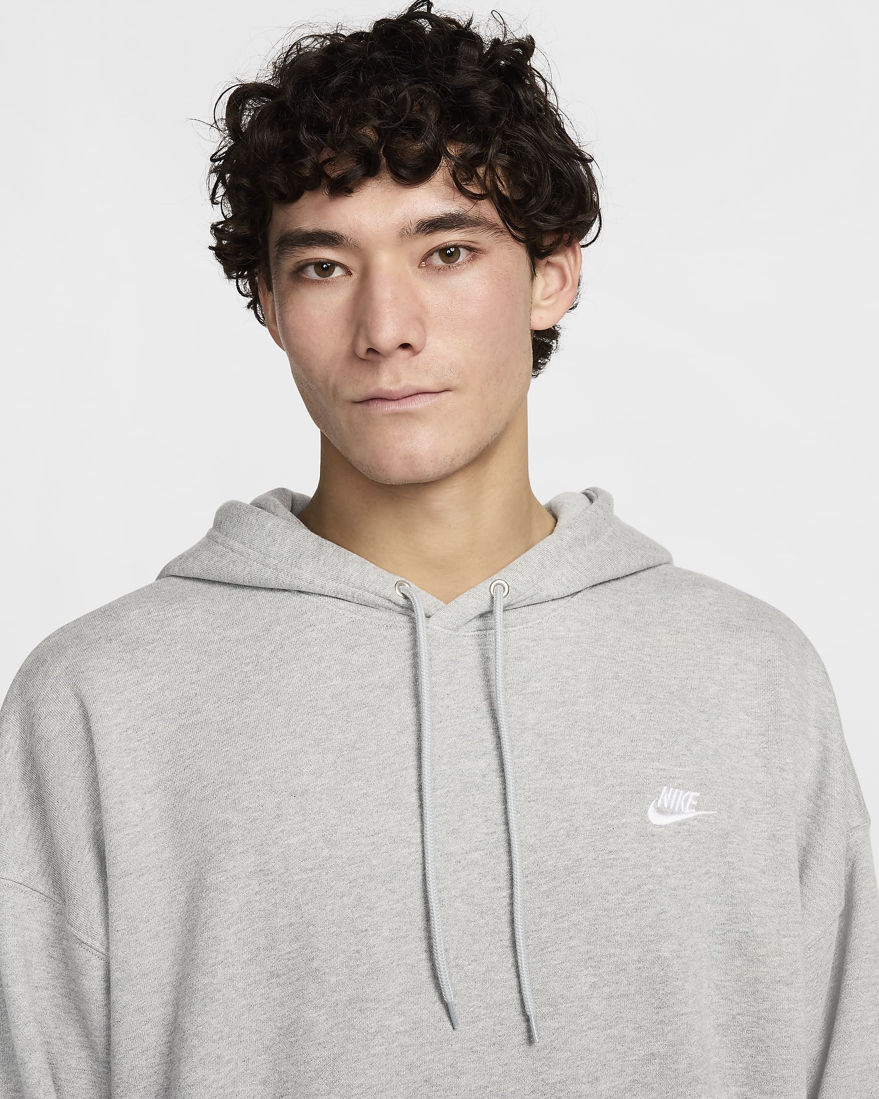 Nike Club Fleece Men's Oversized French Terry Pullover Hoodie - Dark Grey Heather/Light Smoke Grey/White