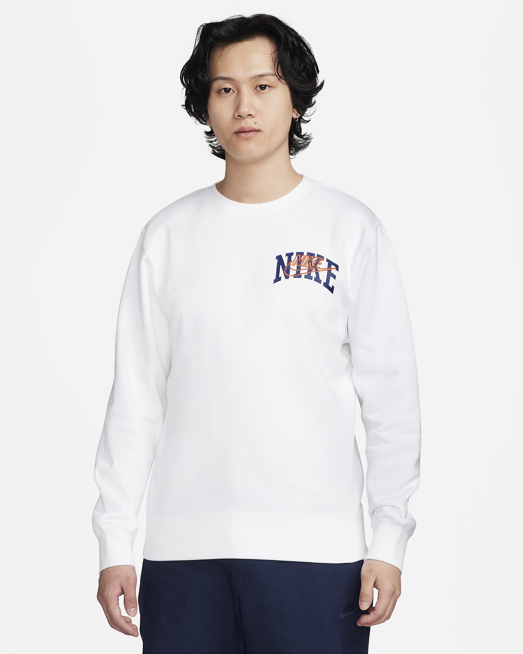 Nike Club Fleece Men's Long-Sleeve Crew-Neck Sweatshirt - White/Safety Orange