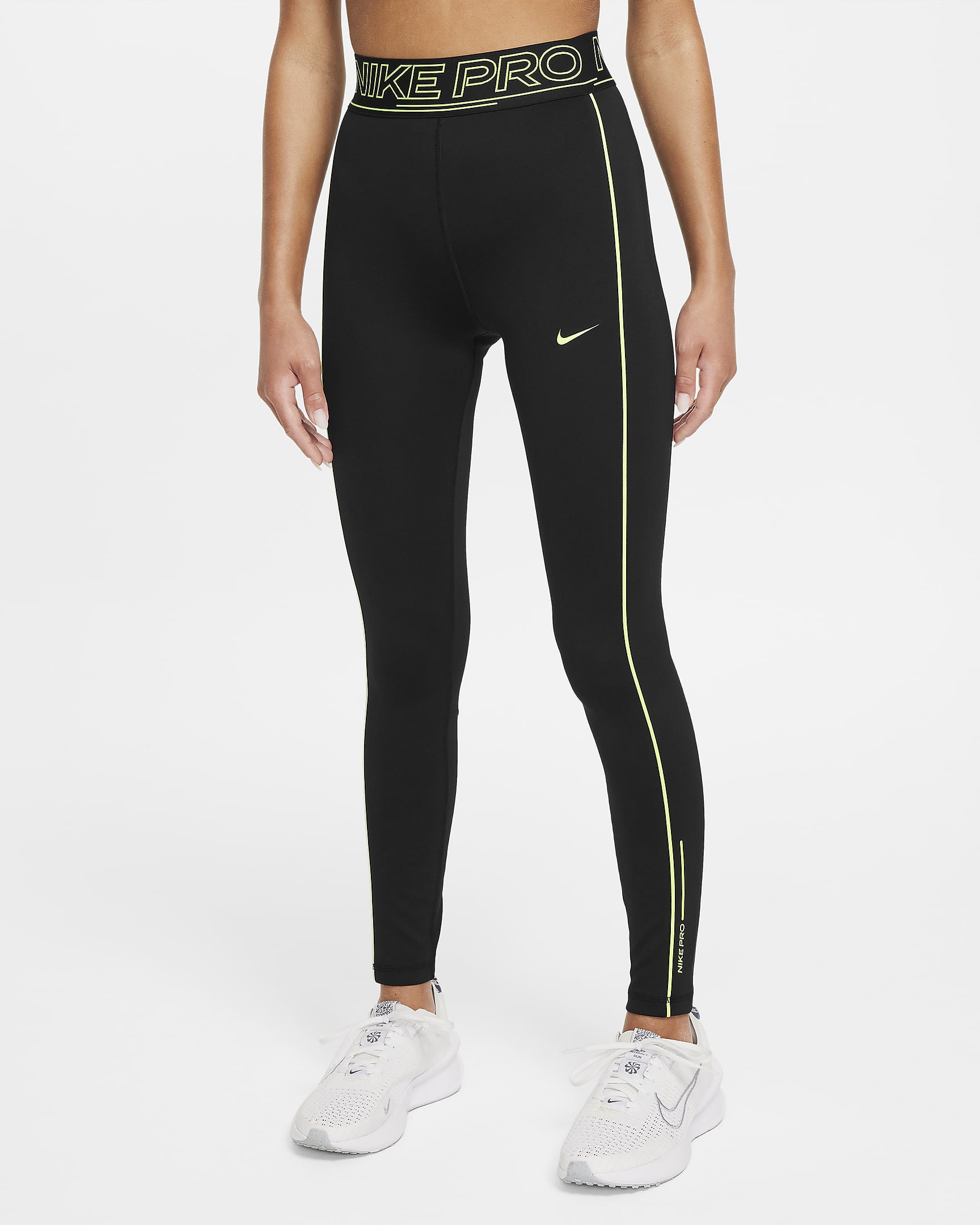 Nike Pro Dri-FIT legging met halfhoge taille voor meisjes - Zwart/Volt/Volt