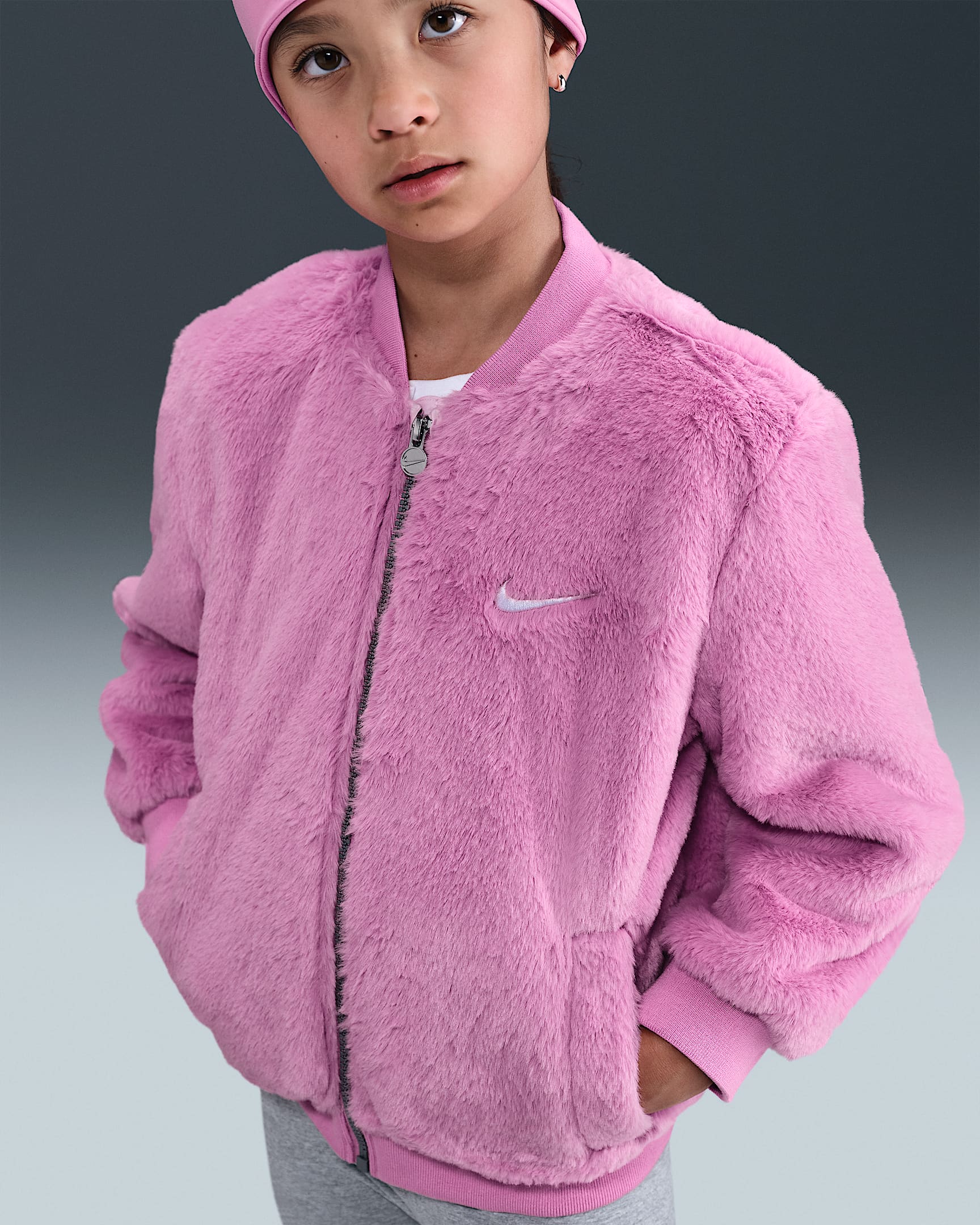 Nike Little Kids' Faux Fur Bomber Jacket - Magic Flamingo
