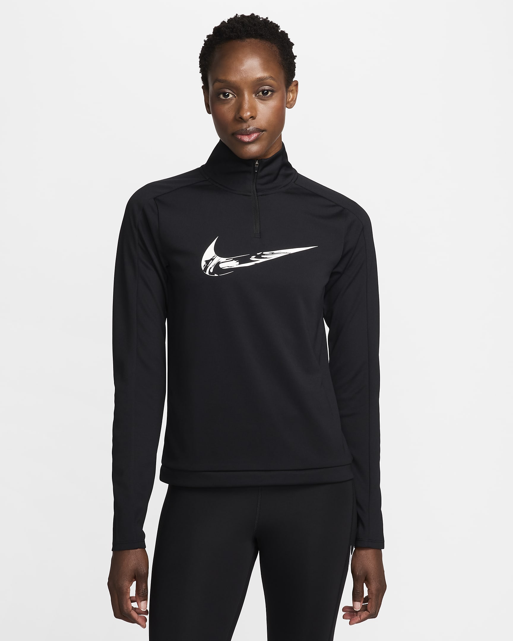 Nike Swoosh Dri-FIT Çeyrek Fermuarlı Kadın Koşu Üstü - Siyah/Beyaz