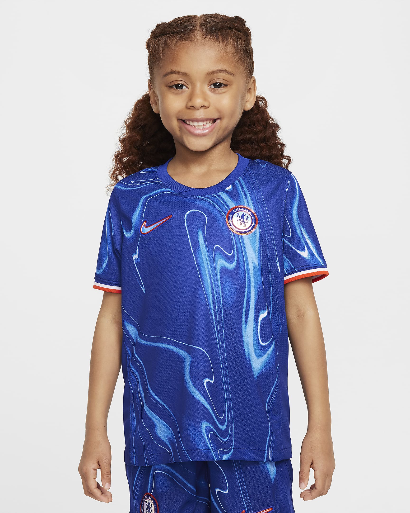 Divisa da calcio replica in 3 pezzi Nike Chelsea FC 2024/25 Stadium per bambino/a – Home - Rush Blue/Team Orange/Bianco