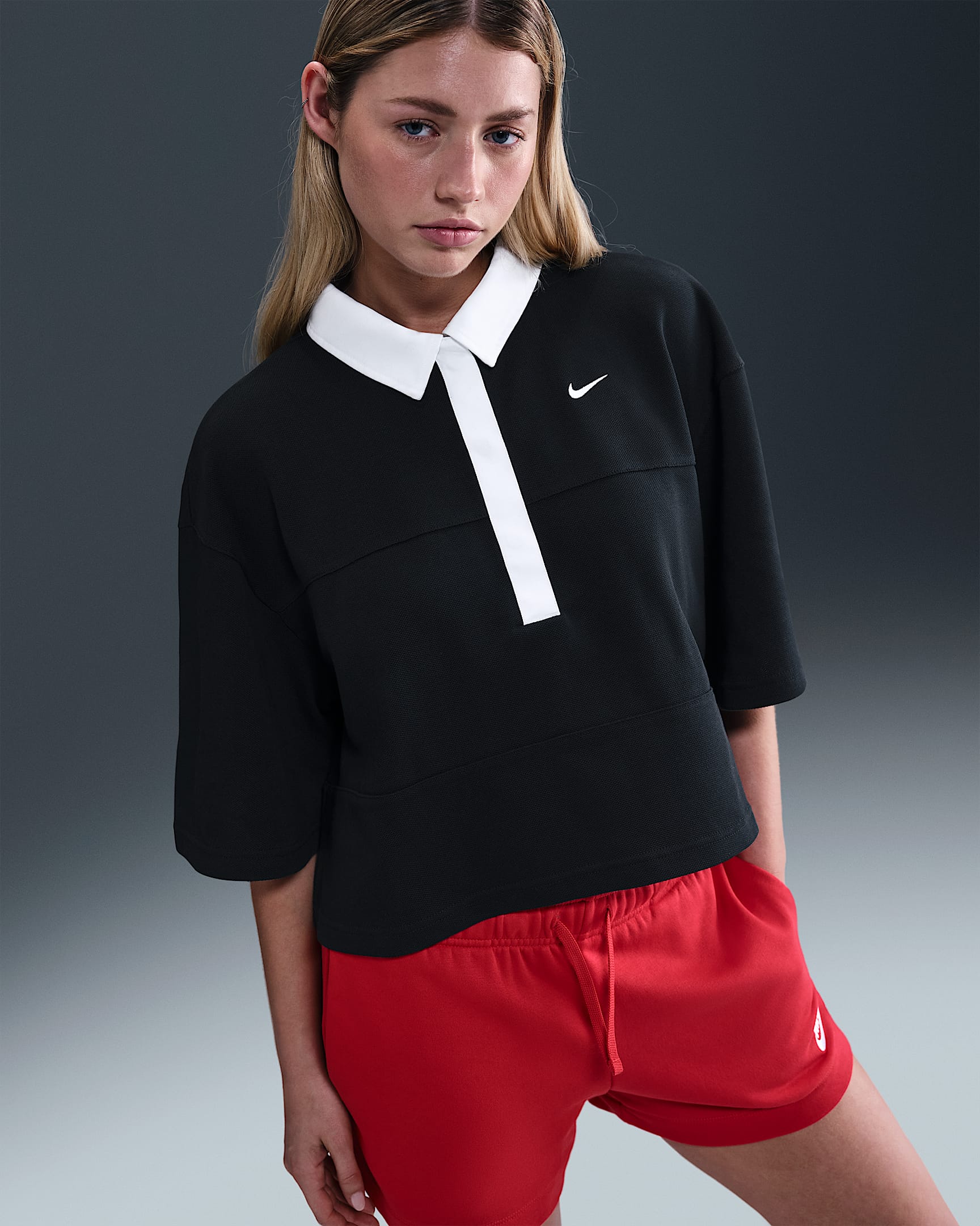 Nike Sportswear Women's Oversized Short-Sleeve Polo Top - Black/Black/White/White