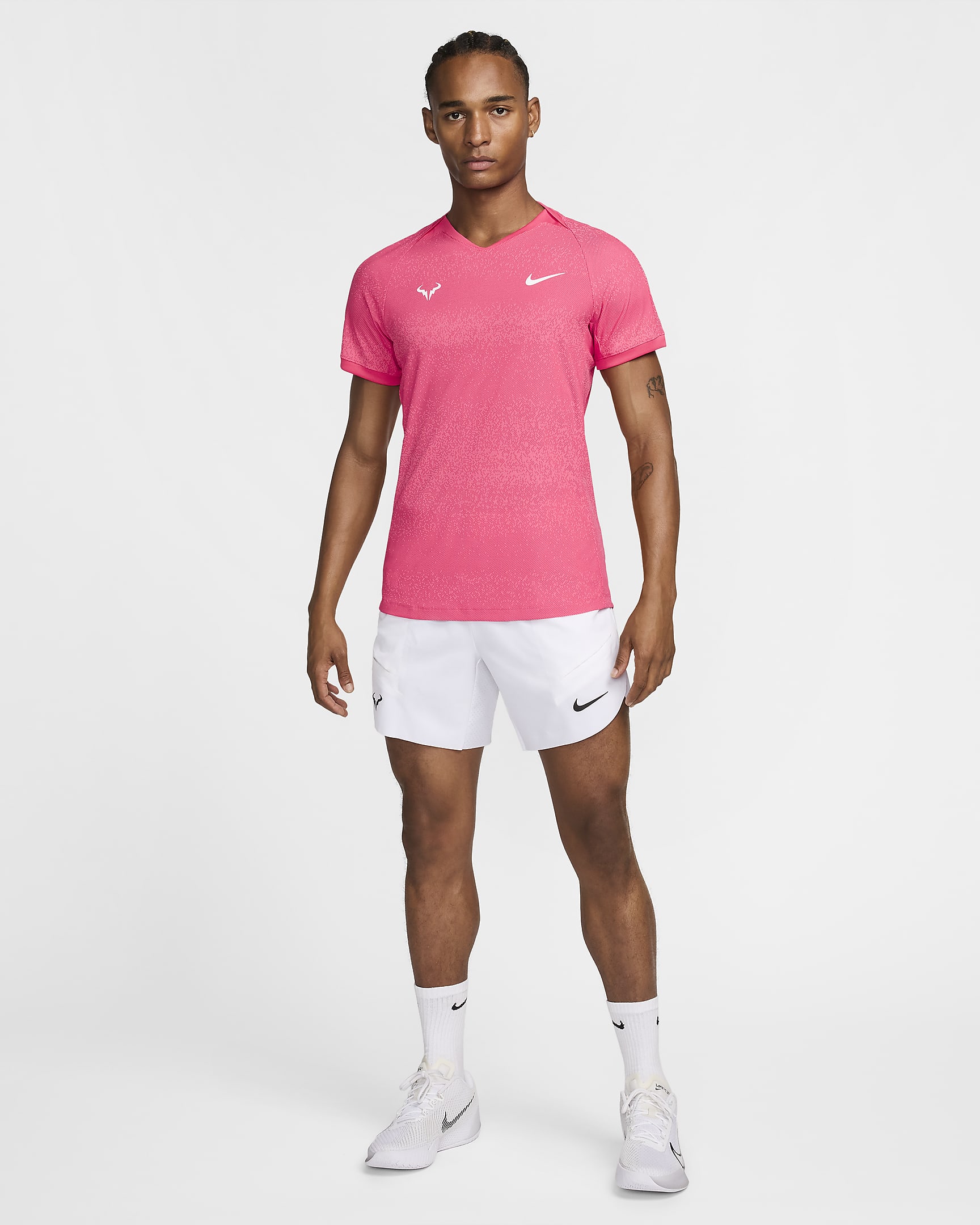 Camisola de ténis de manga curta Nike Dri-FIT ADV Rafa para homem - Rosa Aster/Branco