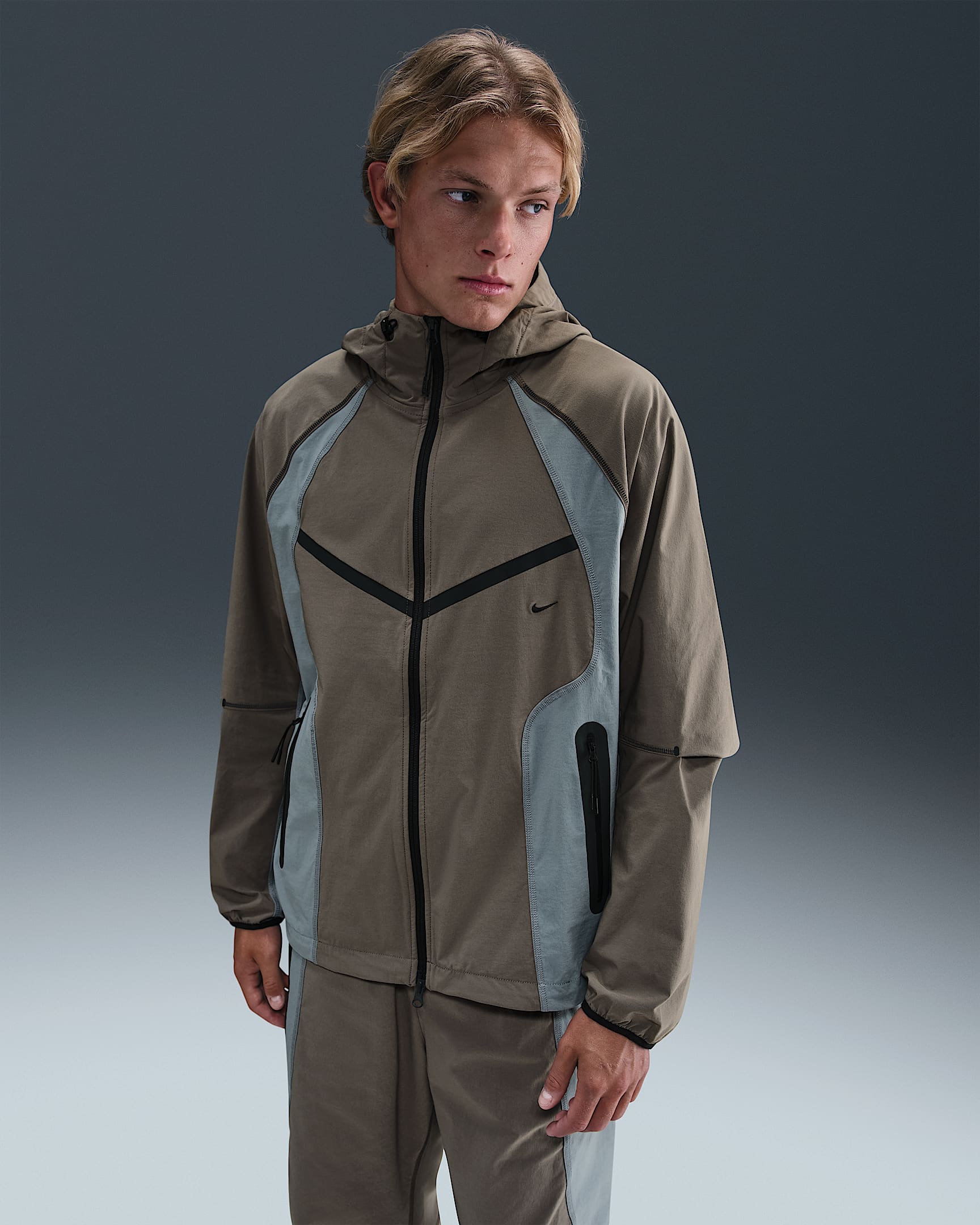 Nike Tech Men's Dri-FIT Woven Color-Block Windrunner Oversized Jacket - Cave Stone/Cool Grey/Black