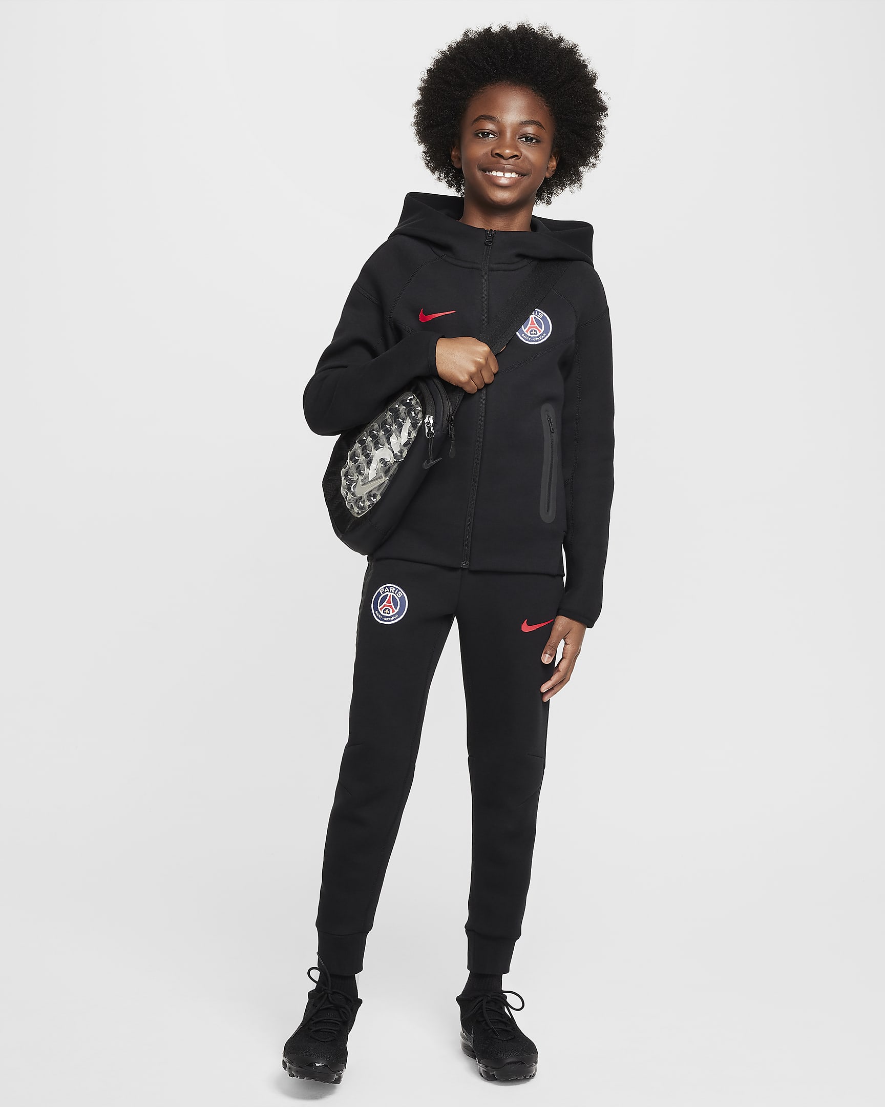 Paris Saint-Germain Tech Fleece Nike fotballhettejakke til store barn (gutt) - Svart/University Red