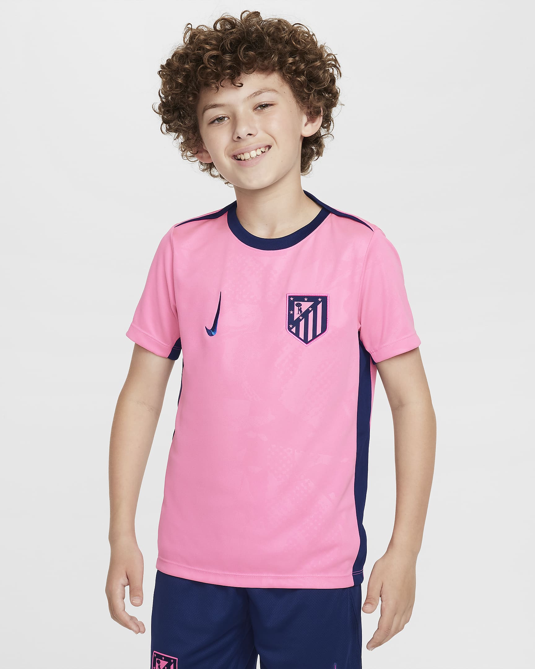 Třetí předzápasové fotbalové tričko Nike Dri-FIT Atlético Madrid Academy Pro pro větší děti - Pink Glow/Blue Void/Blue Void