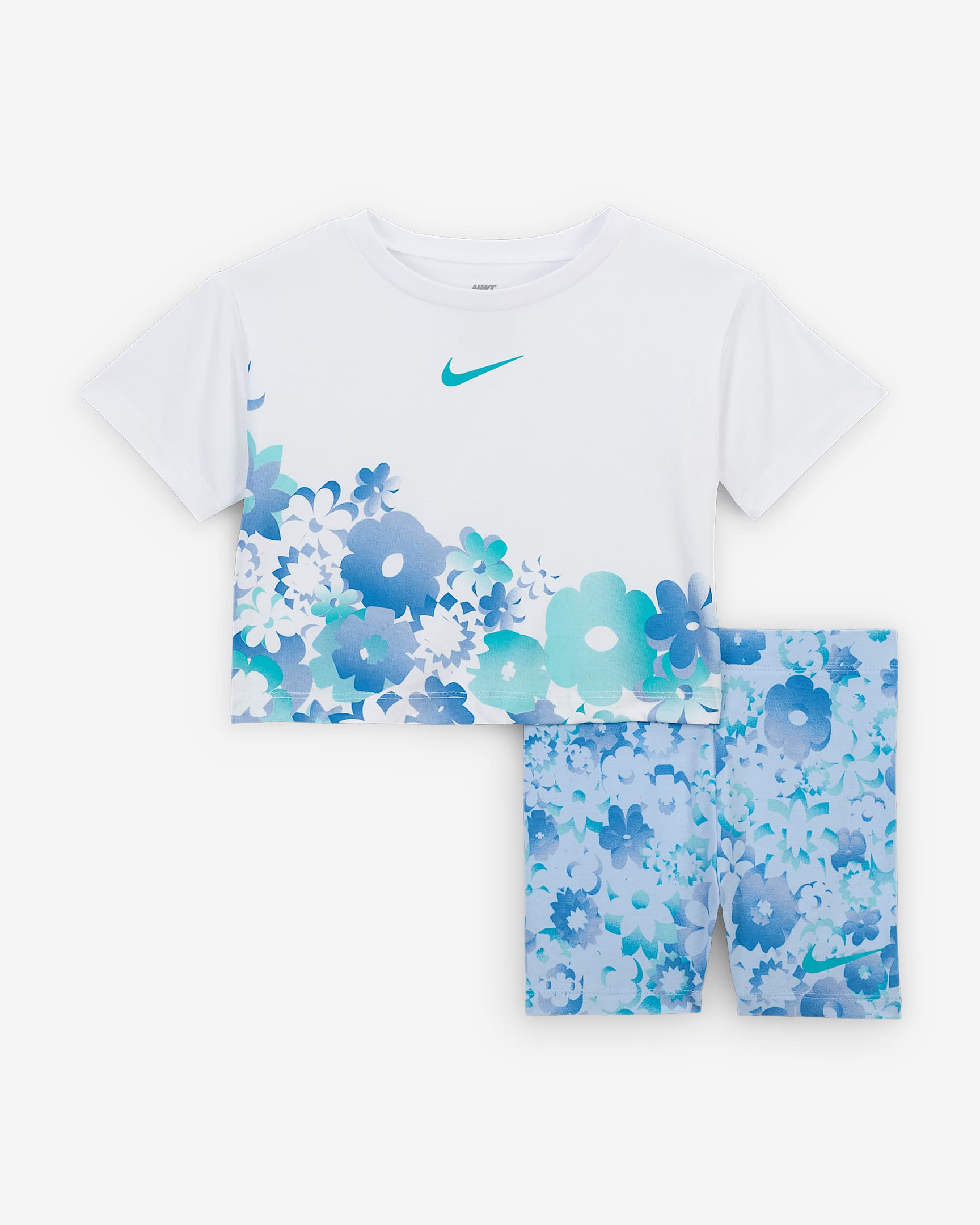 Tvådelat set Nike Flow-Ral med mönstrade cykelshorts för baby (12–24 mån) - Blue Tint