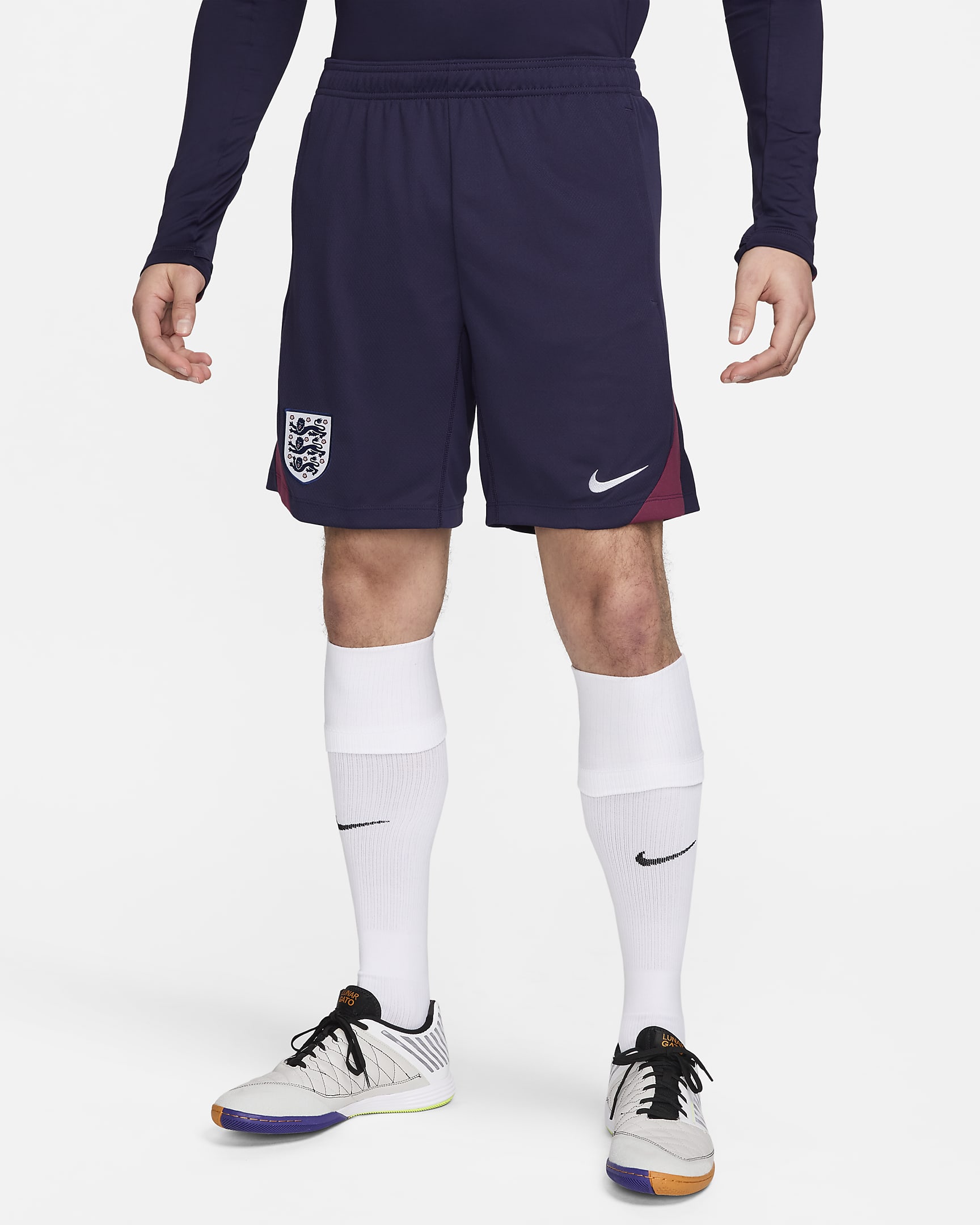 England Strike Men's Nike Dri-FIT Football Knit Shorts - Purple Ink/Rosewood/White