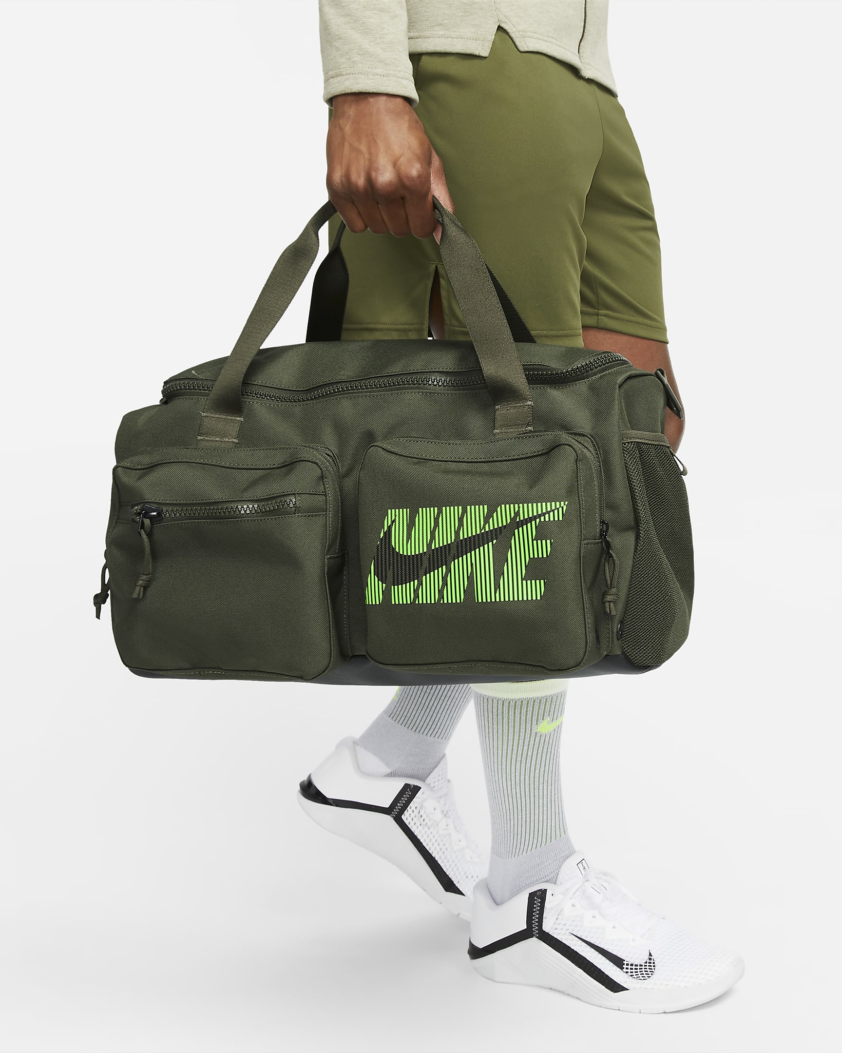 Nike Utility Power Graphic Training Duffel Bag (Small, 31L) - Cargo Khaki/Cargo Khaki/Green Strike