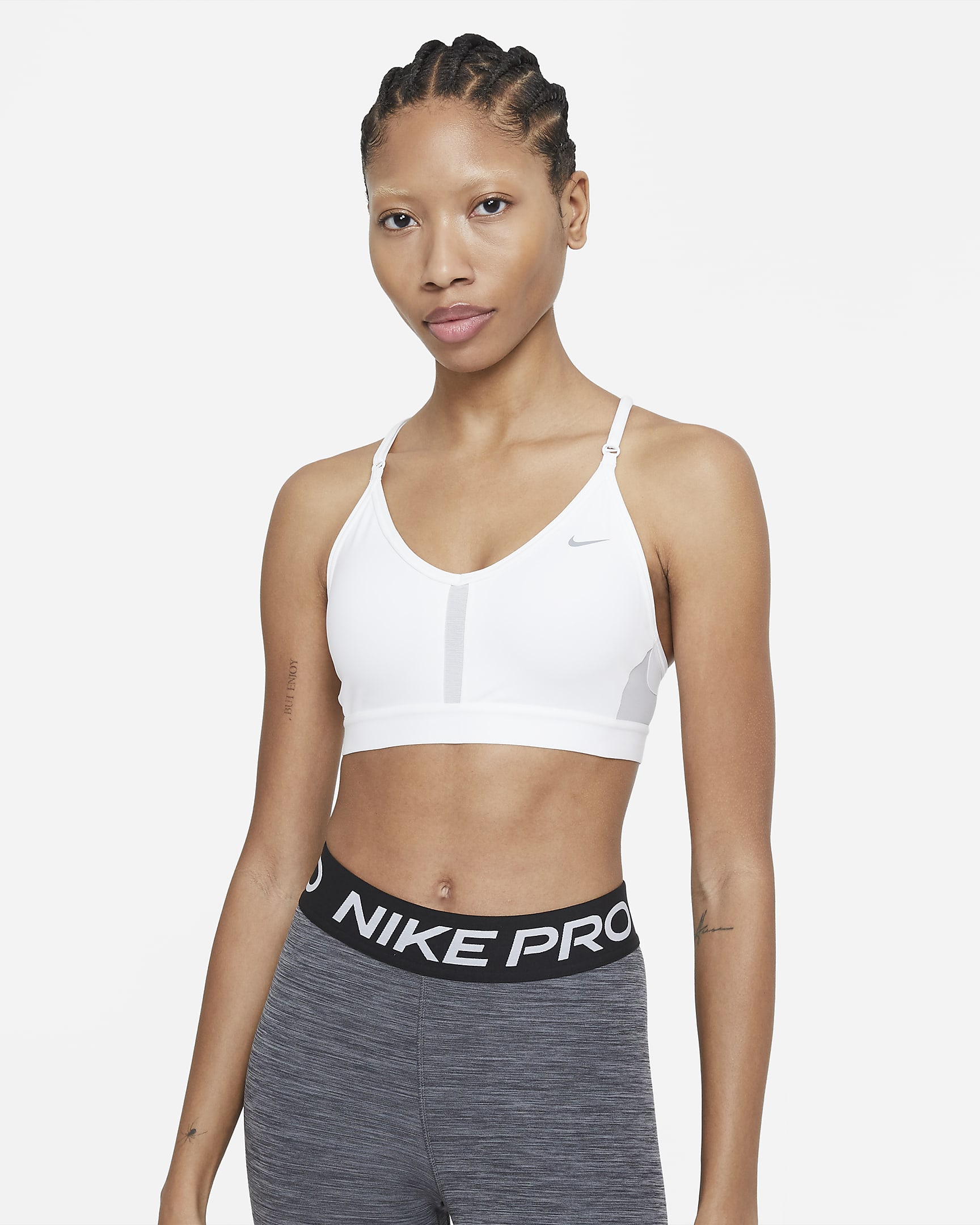 Bra deportivo de baja sujeción acolchado con cuello en V para mujer Nike Indy - Blanco/Gris niebla/Gris partícula