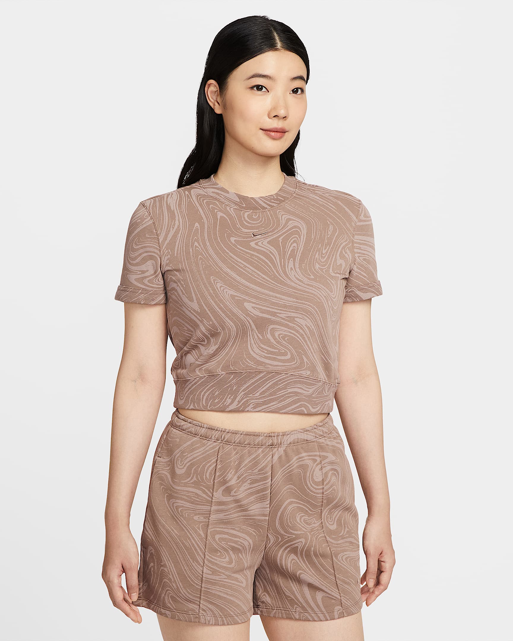 Nike Sportswear Chill Terry Women's Short-Sleeve French Terry Printed Top - Mink Brown/Mink Brown