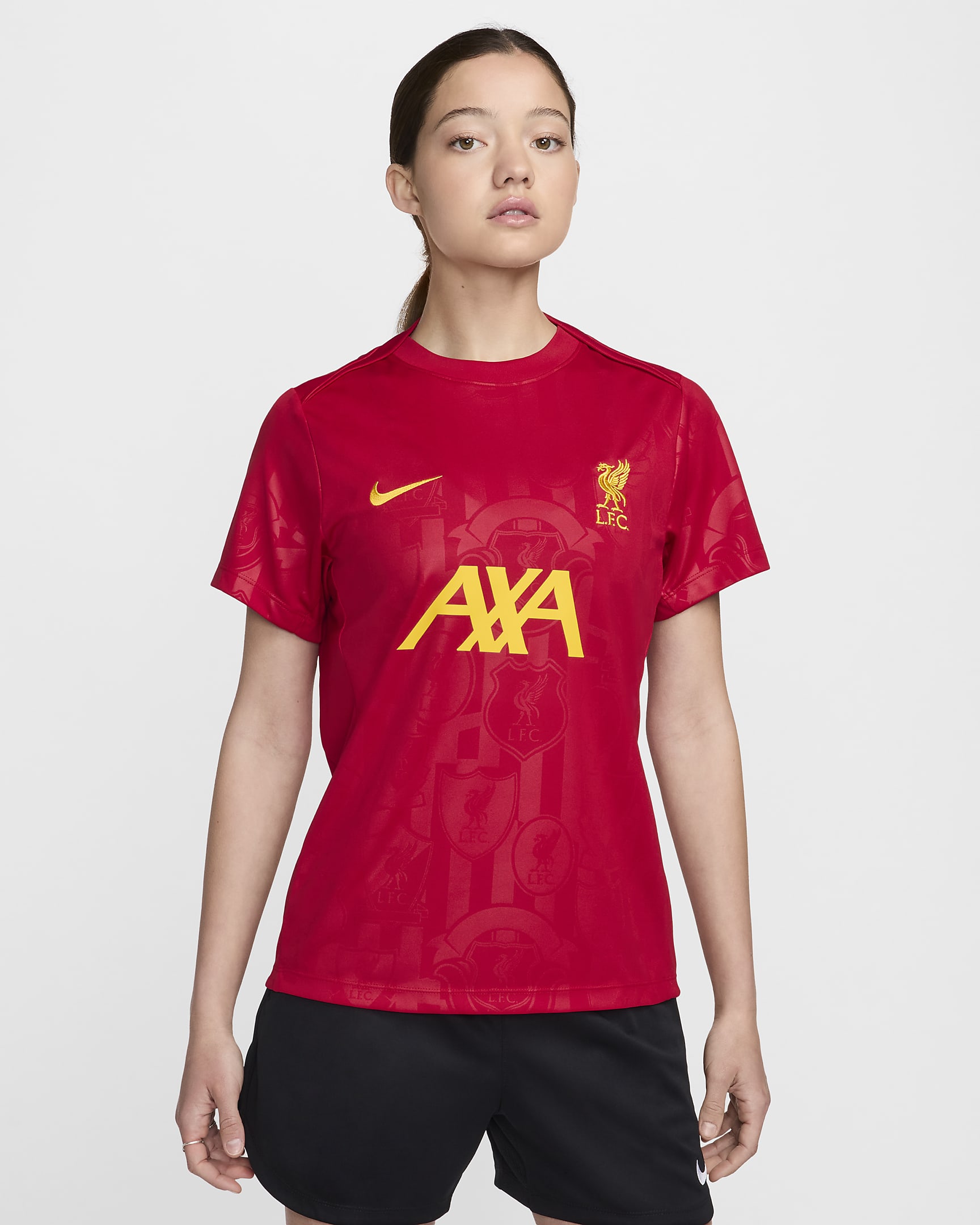 Haut de foot d'avant-match à manches courtes Nike Dri-FIT Liverpool FC Academy Pro pour femme - Gym Red/Chrome Yellow/Chrome Yellow