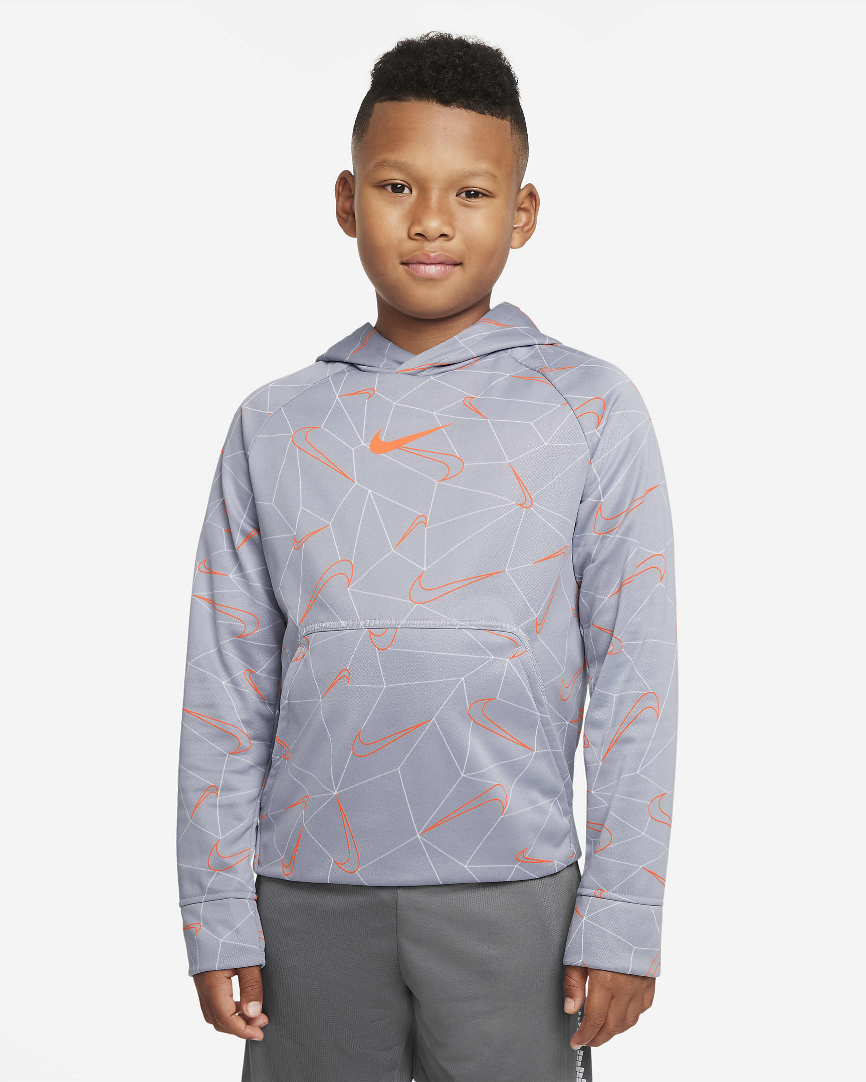 Nike Therma-FIT Big Kids' (Boys') Printed Pullover Hoodie - Light Smoke Grey/Total Orange