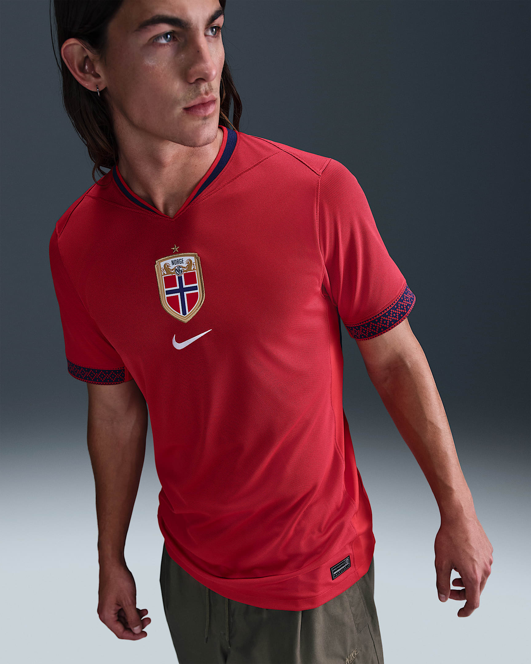 Norway 2025 Stadium Home (Women's Team) Men's Nike Dri-FIT Soccer Replica Jersey - University Red/Blue Void/White