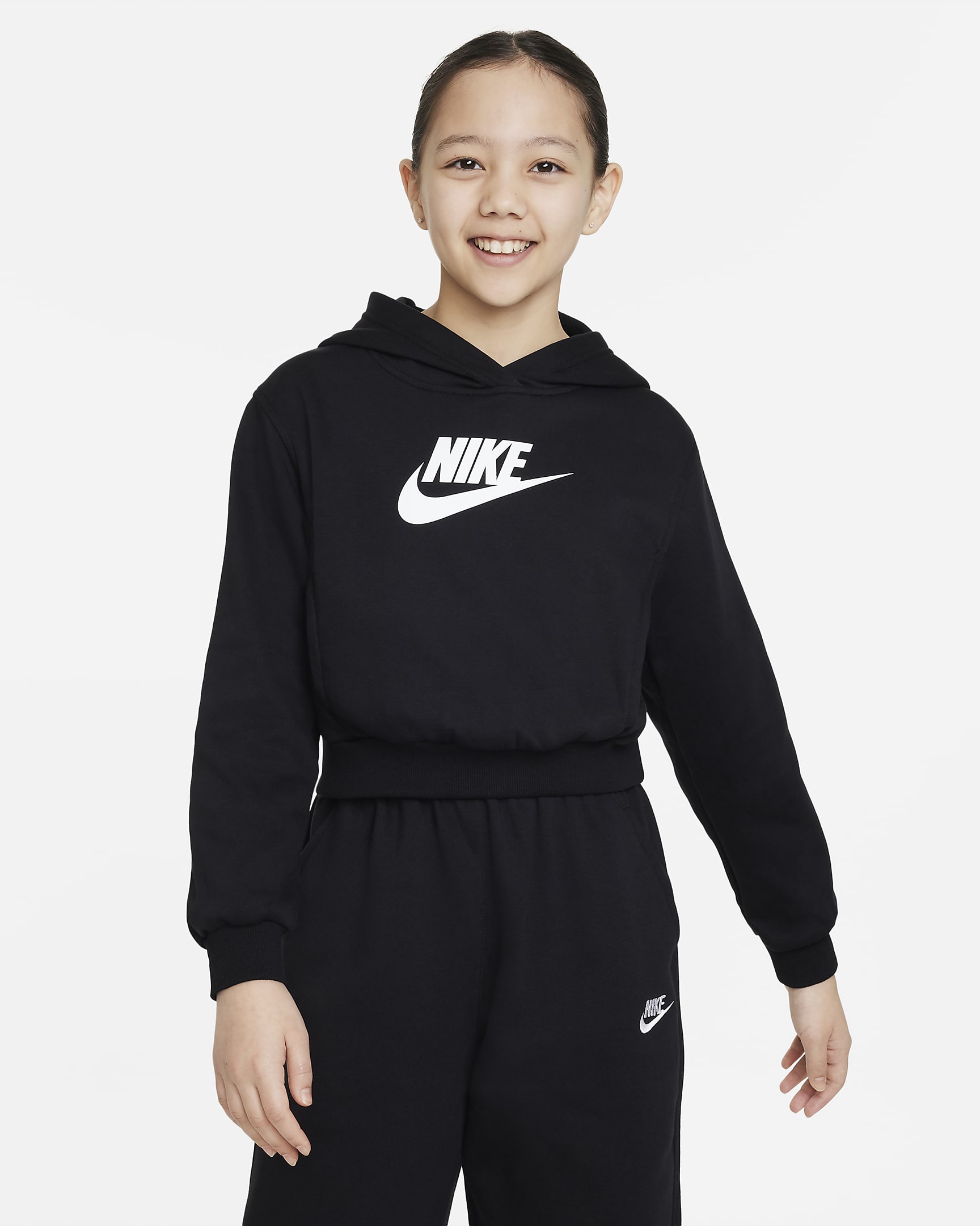 Zkrácená mikina Nike Sportswear Club Fleece s kapucí pro větší děti (dívky) - Černá/Bílá