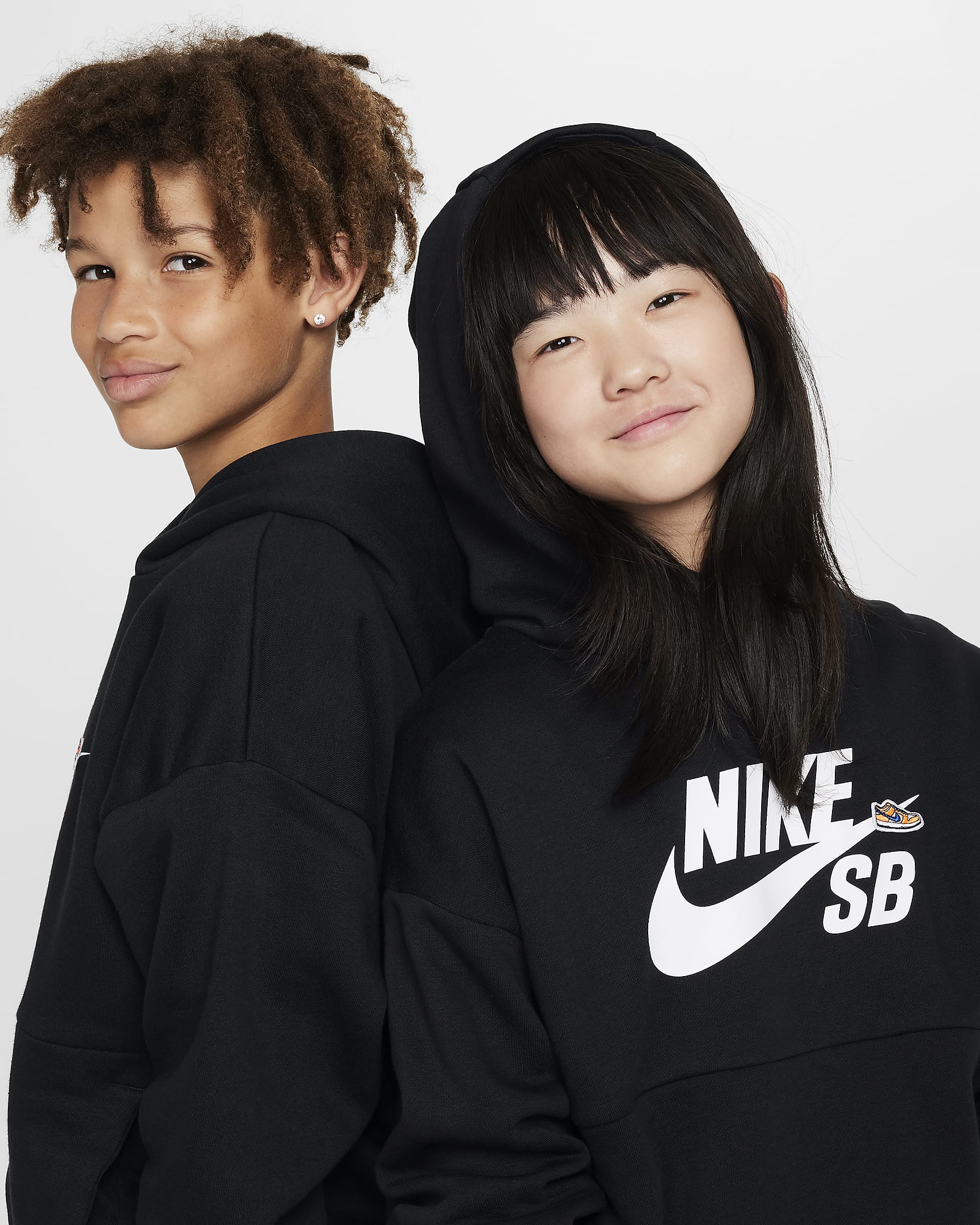 Nike SB Icon Fleece EasyOn Big Kids' Oversized Pullover Hoodie - Black/Black/White