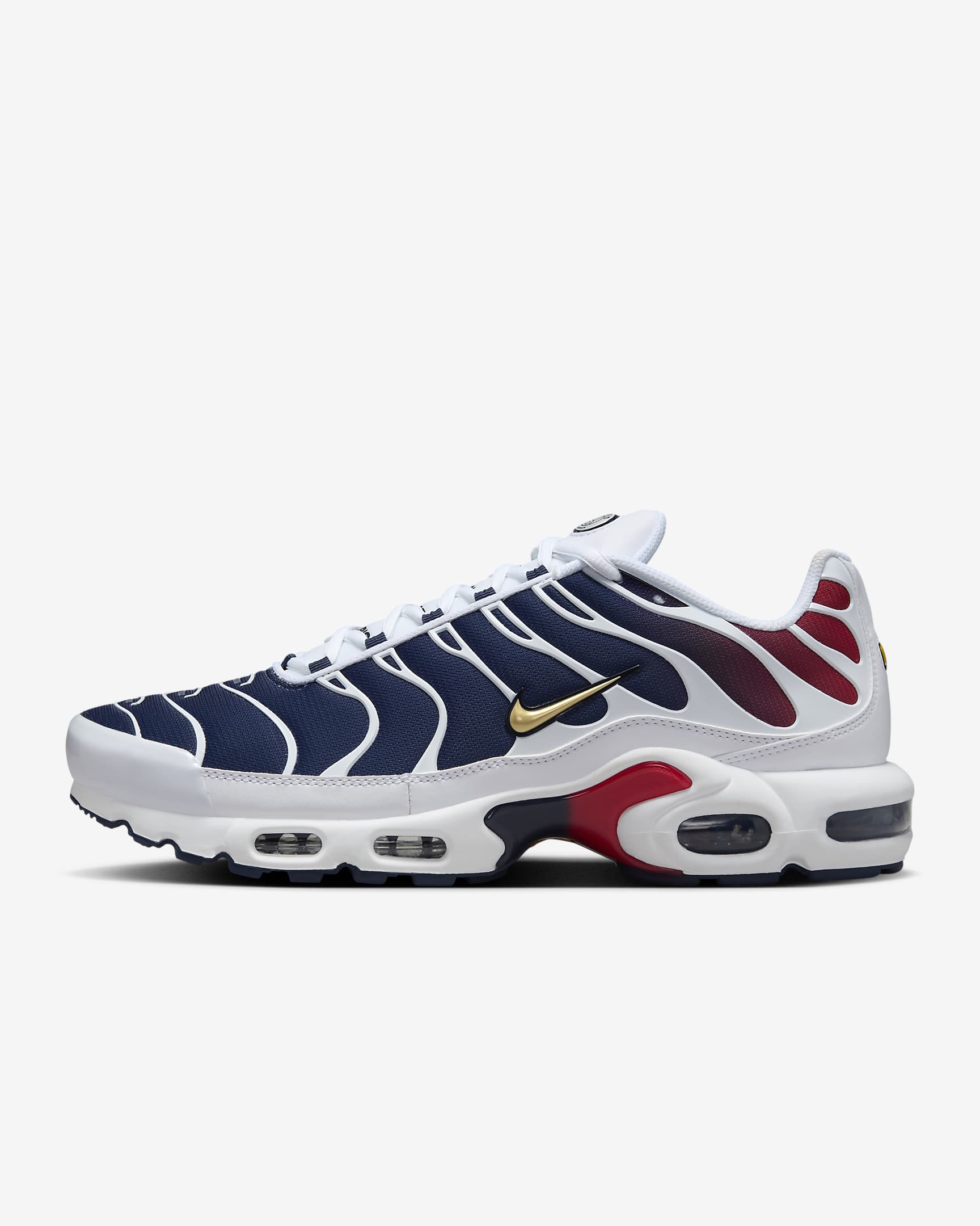 Sapatilhas Nike Air Max Plus para homem - Branco/Midnight Navy/Vermelho University/Dourado metalizado