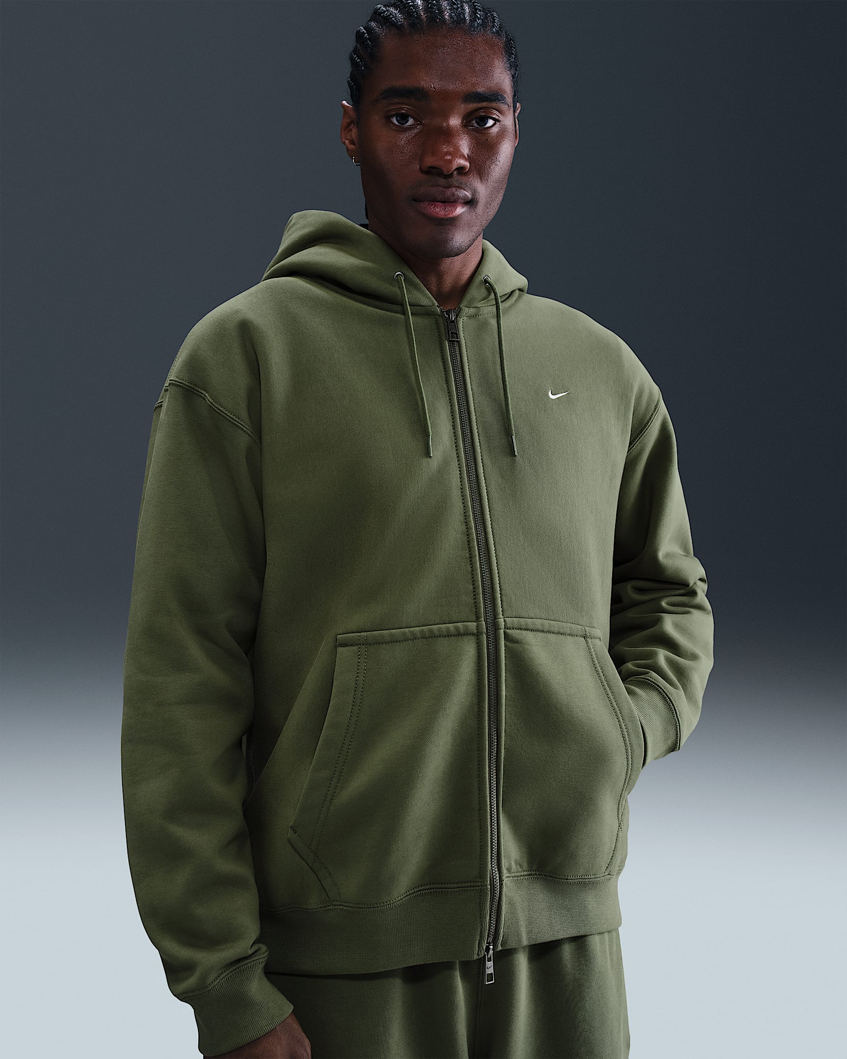 Nike Solo Swoosh Men's Full-Zip Fleece Hoodie - Medium Olive/Medium Olive/White