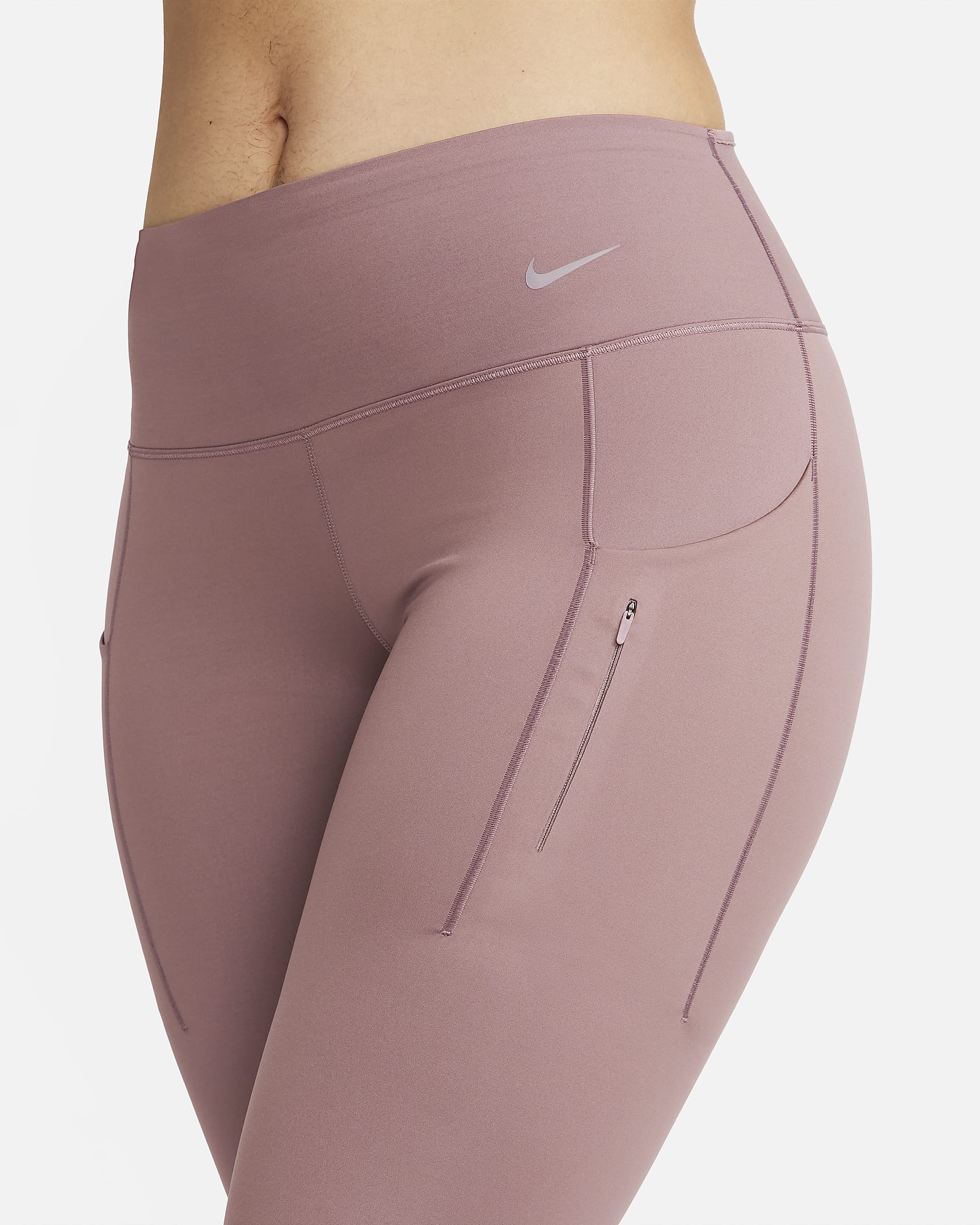 Nike Go Lange legging met halfhoge taille, complete ondersteuning en zakken voor dames - Smokey Mauve/Zwart