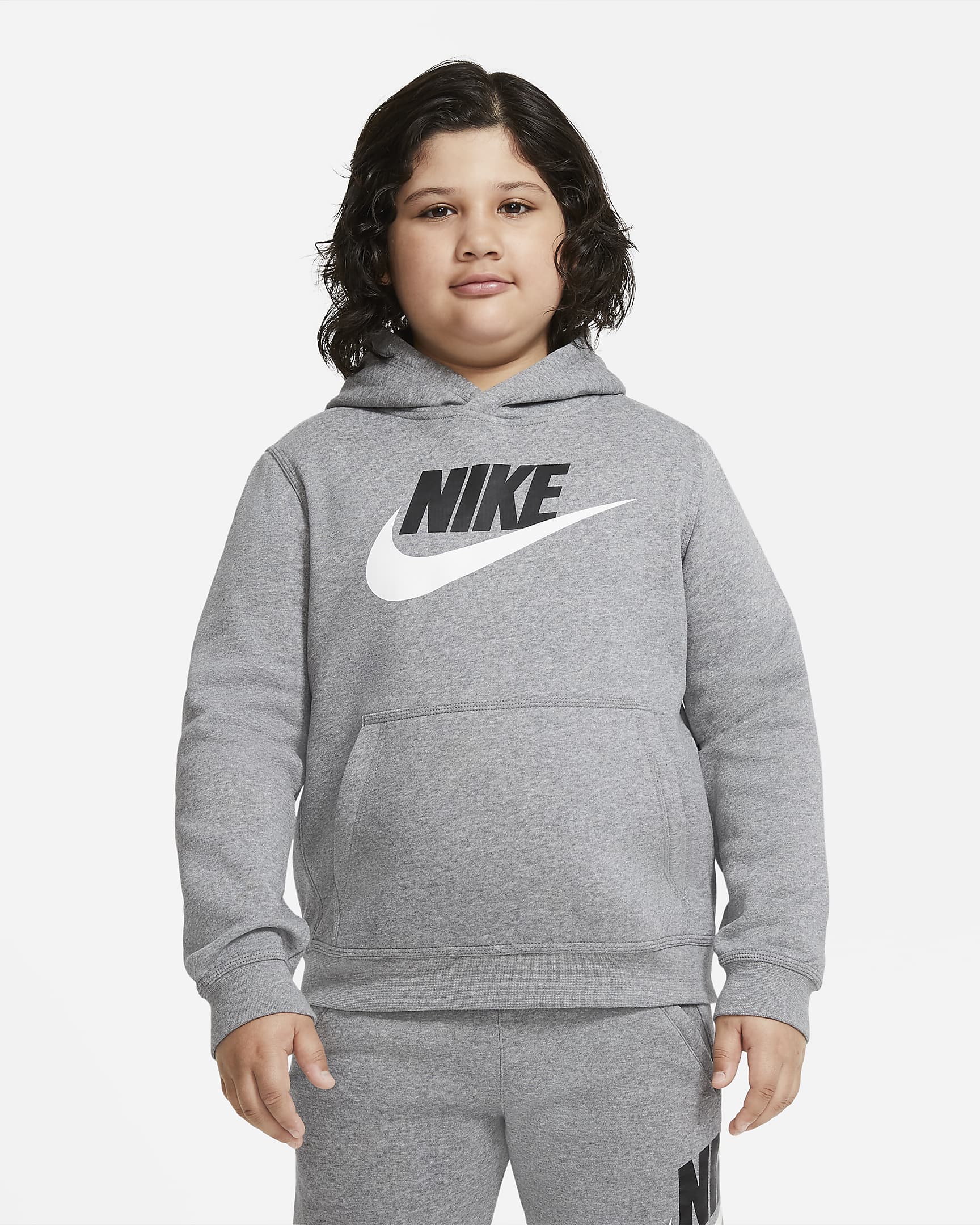 Nike Sportswear Club Fleece Big Kids' (Boys') Pullover Hoodie (Extended Size) - Carbon Heather