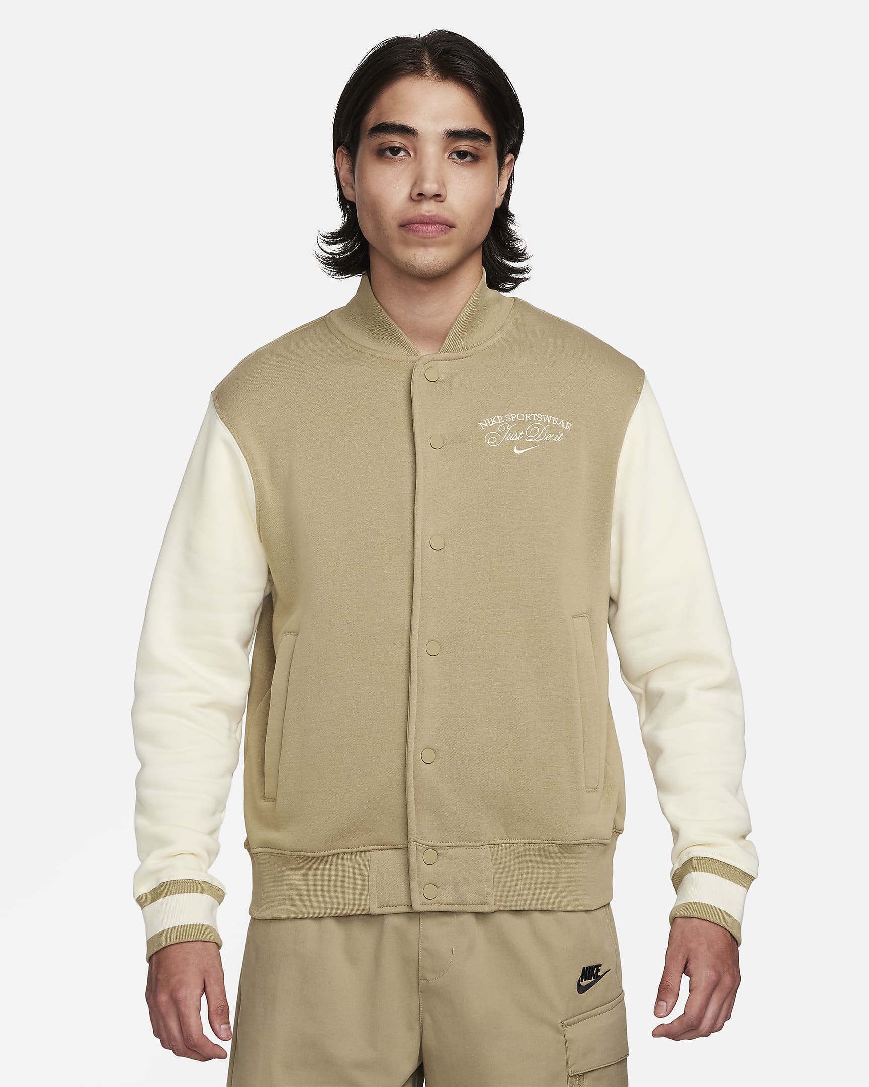 Nike Sportswear Men's Fleece Varsity Jacket - Neutral Olive/Coconut Milk