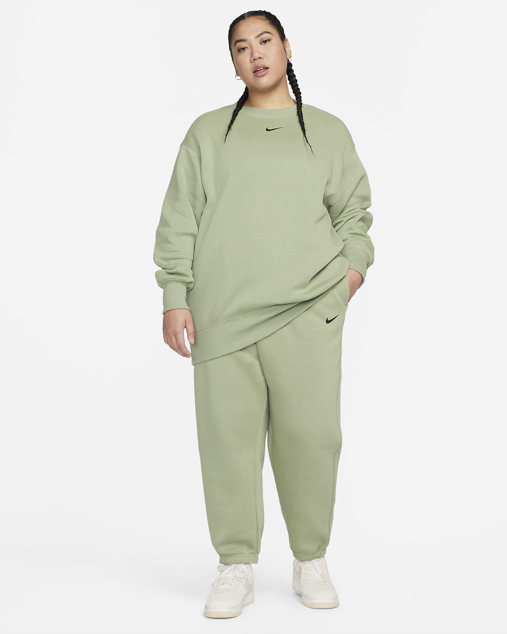 Nike Sportswear Phoenix Fleece Women's High-Waisted Oversized Tracksuit Bottoms (Plus Size) - Oil Green/Black