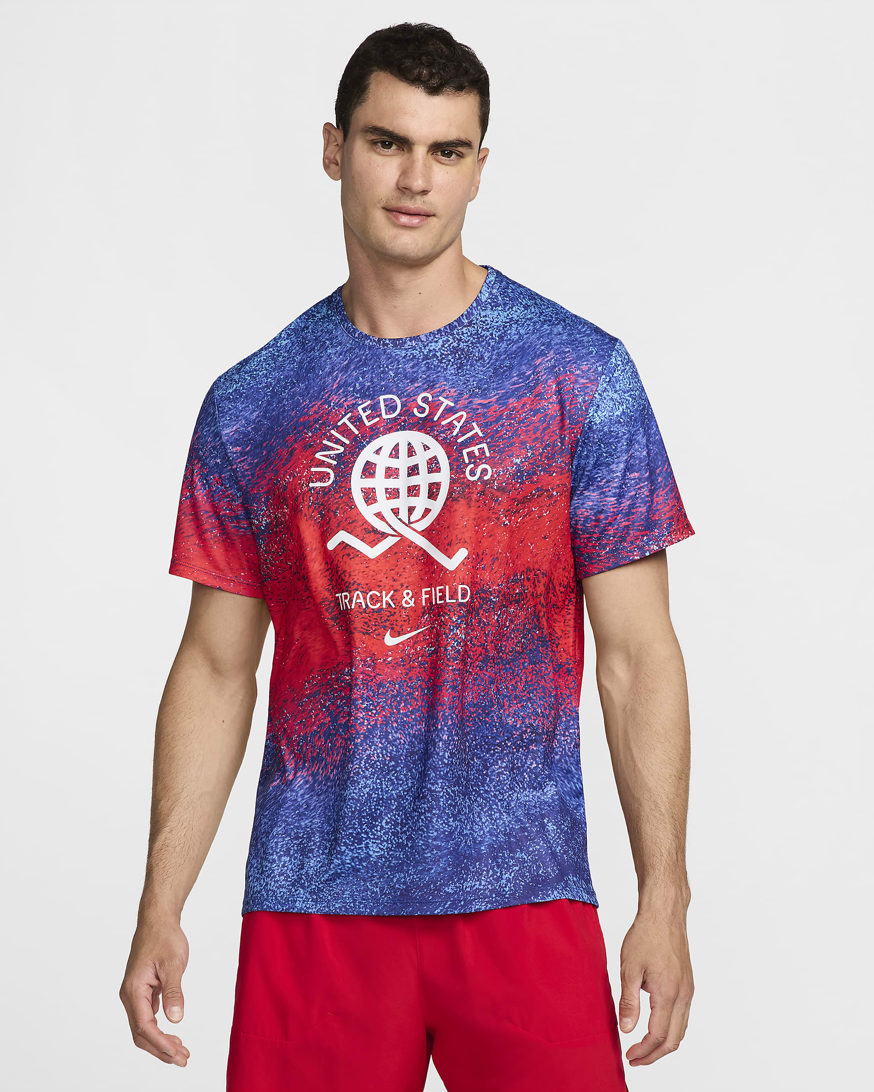 USA Miler Nike Dri-FIT rövid ujjú férfi futófelső - Bright Crimson/Old Royal/Fehér