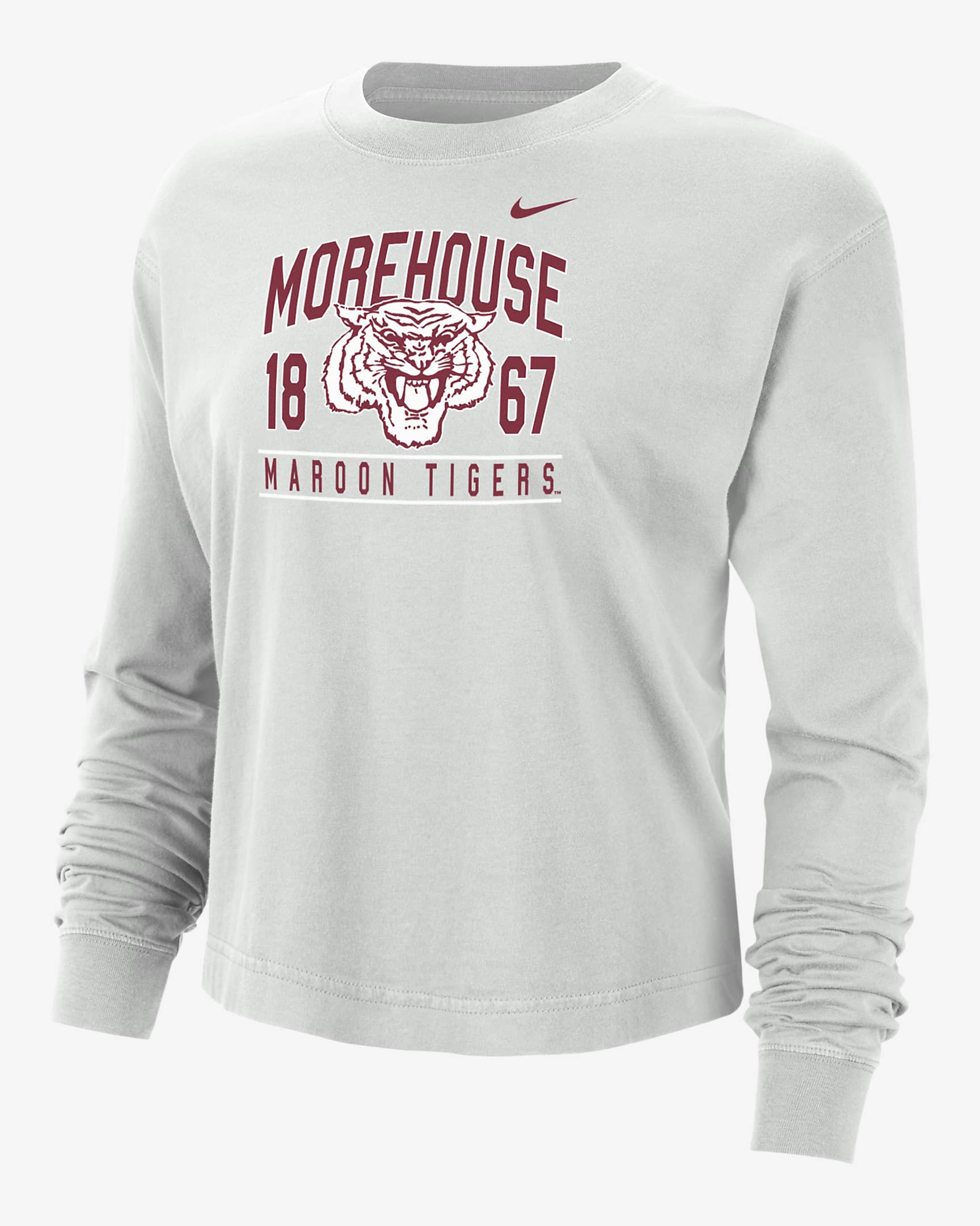 Playera de manga larga universitaria Nike de corte cuadrado para mujer Morehouse - Polvo fotón