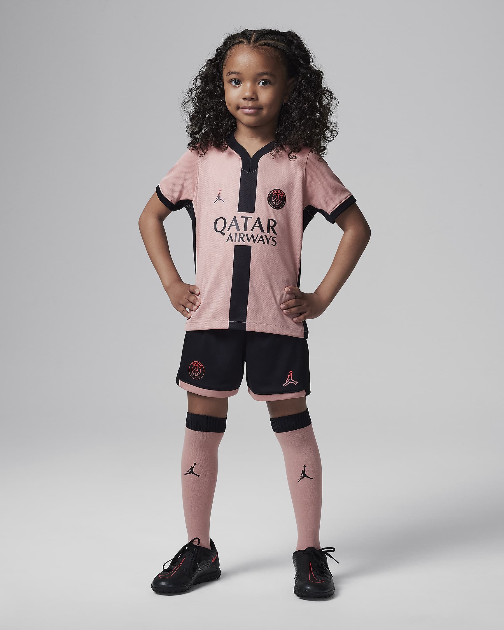 Paris Saint-Germain 2024/25 Stadium Third Younger Kids' Jordan Football Replica Three-Piece Kit - Rust Pink/Black/Black