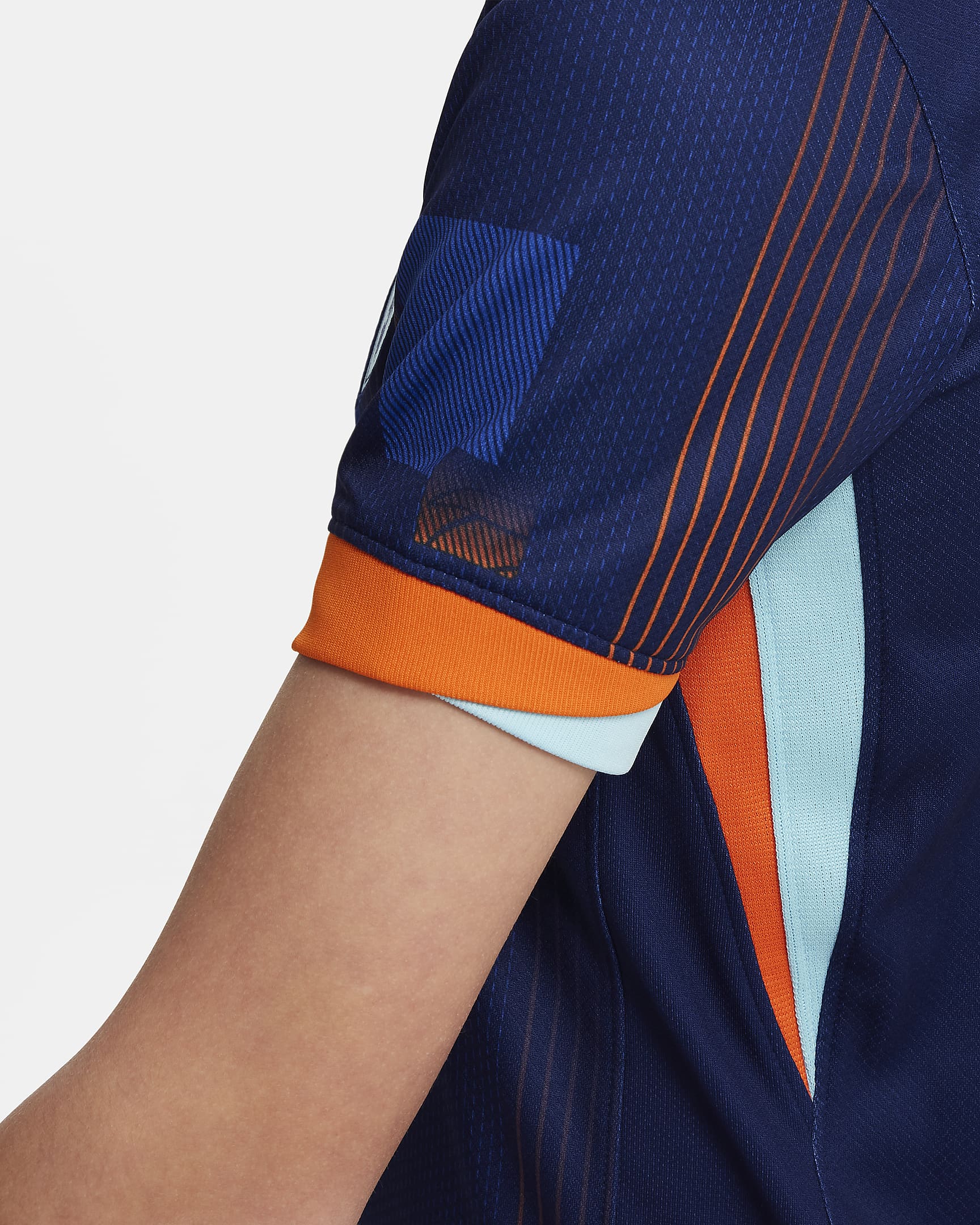 Camisola de futebol de réplica Nike Dri-FIT do equipamento alternativo Stadium Países Baixos (equipa masculina) 2024/25 Júnior - Azul Void/Laranja Safety/Copa/Branco