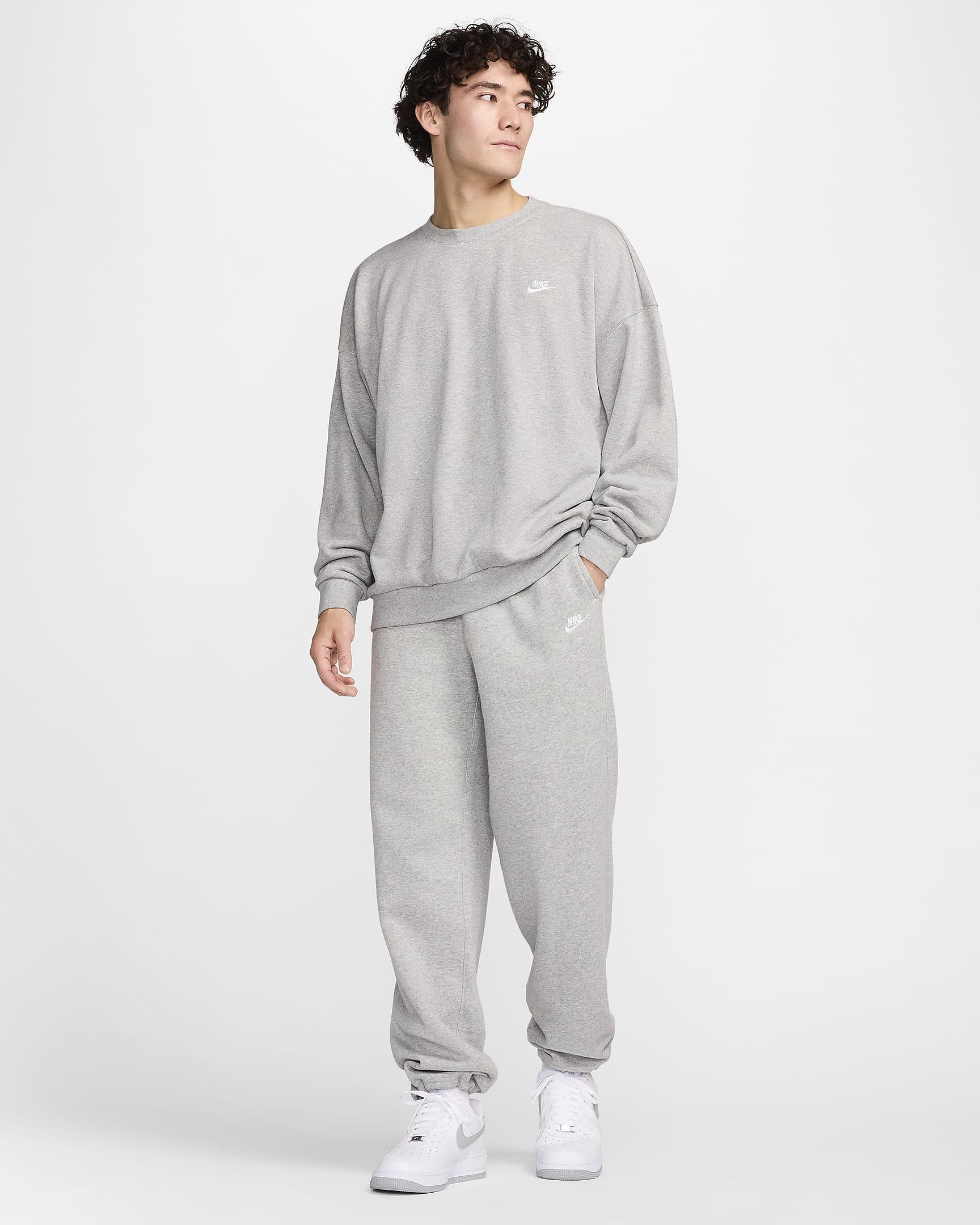 Nike Club Fleece Men's Oversized French Terry Crew - Dark Grey Heather/Light Smoke Grey/White