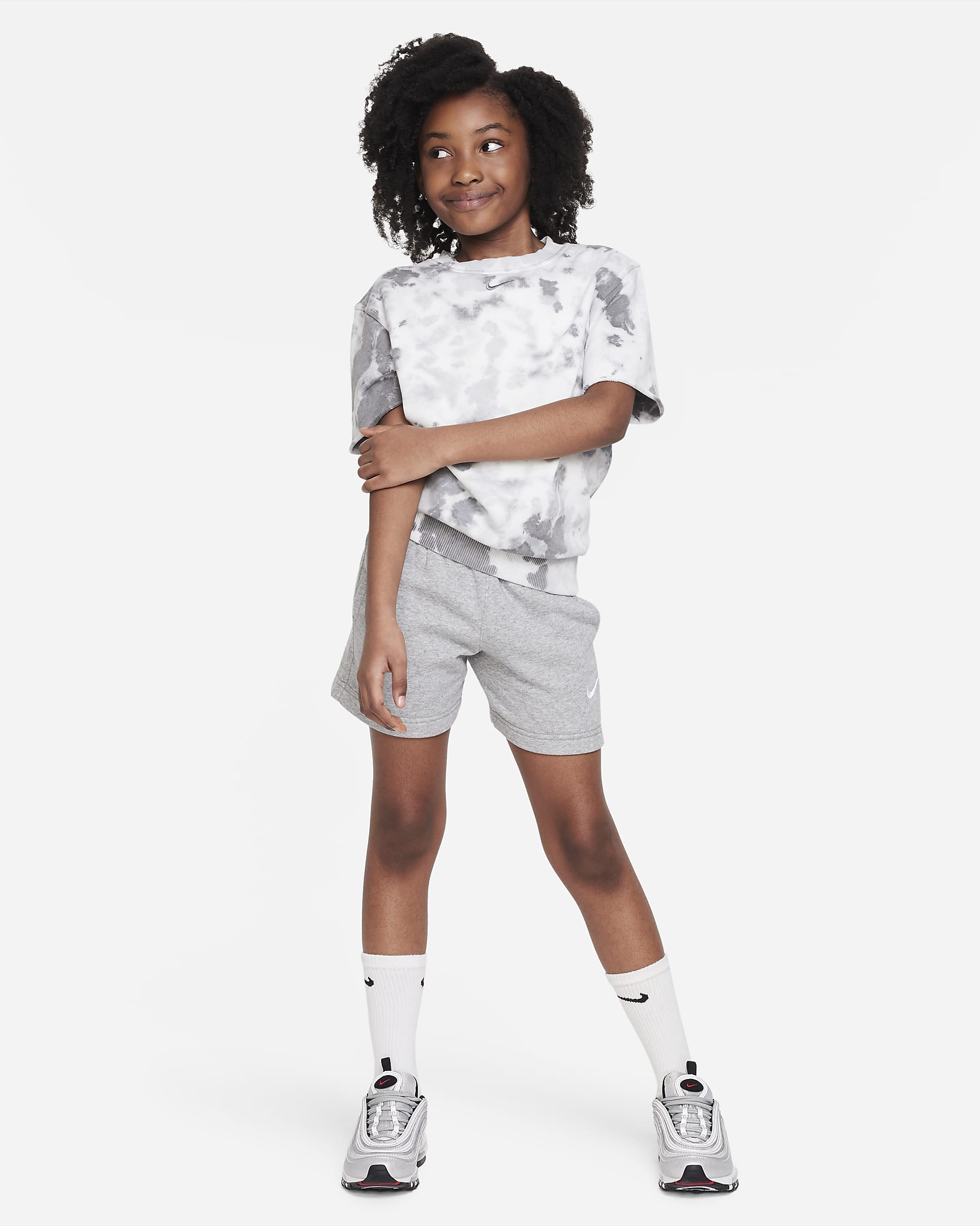 Nike Sportswear Club Fleece Older Kids' (Girls') 13cm (approx.) French Terry Shorts - Dark Grey Heather/Base Grey/White