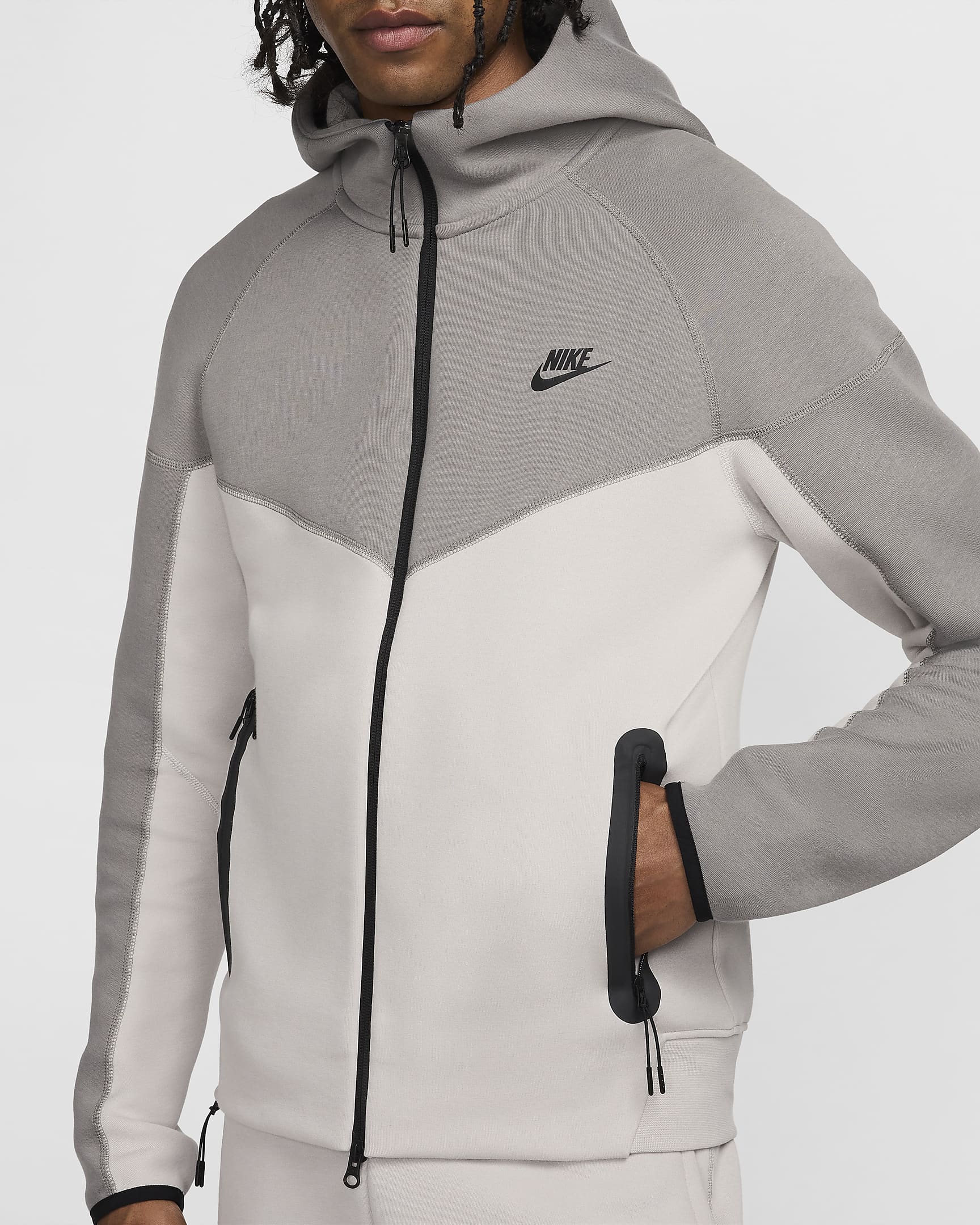 Nike Sportswear Tech Fleece Windrunner Tam Boy Fermuarlı Erkek Kapüşonlu Üst - Light Iron Ore/Flat Pewter/Siyah