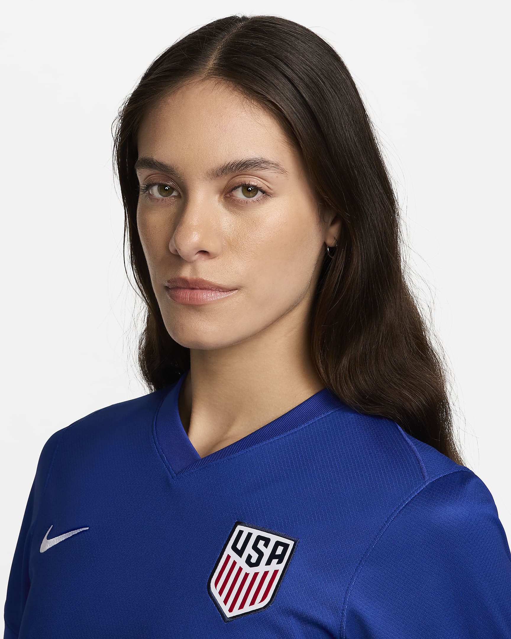 Jersey de fútbol Nike Dri-FIT Replica del USWNT visitante 2024 Stadium para mujer - Azul eléctrico/Blanco/Blanco