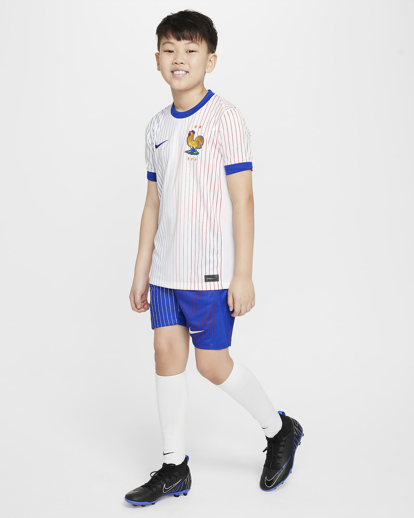 Koszulka piłkarska dla dużych dzieci Nike Dri-FIT FFF (drużyna męska) Stadium 2024/25 (wersja wyjazdowa) – replika - Biel/Bright Blue/University Red/Bright Blue