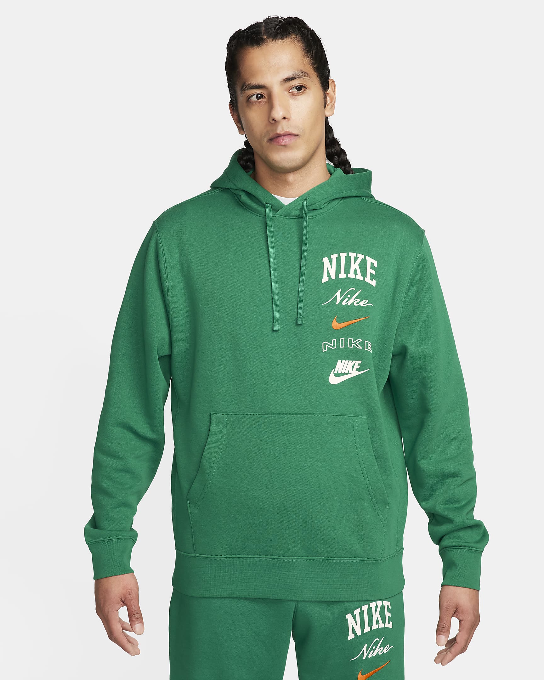 Hoodie pullover Nike Club Fleece para homem - Malachite/Laranja Safety