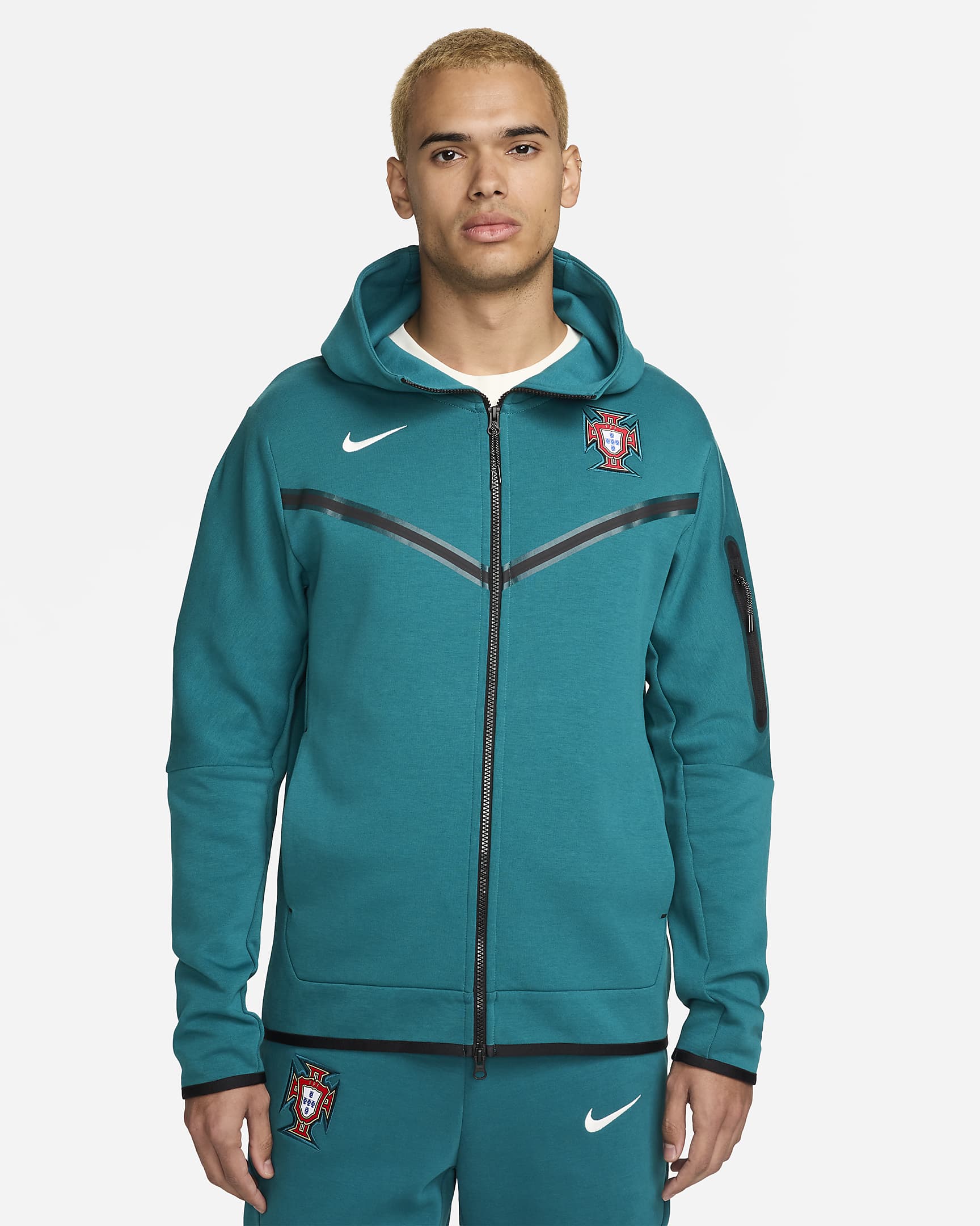 Fotbollshuvtröja med hel dragkedja Nike Portugal Tech Fleece Windrunner för män - Geode Teal/Sail