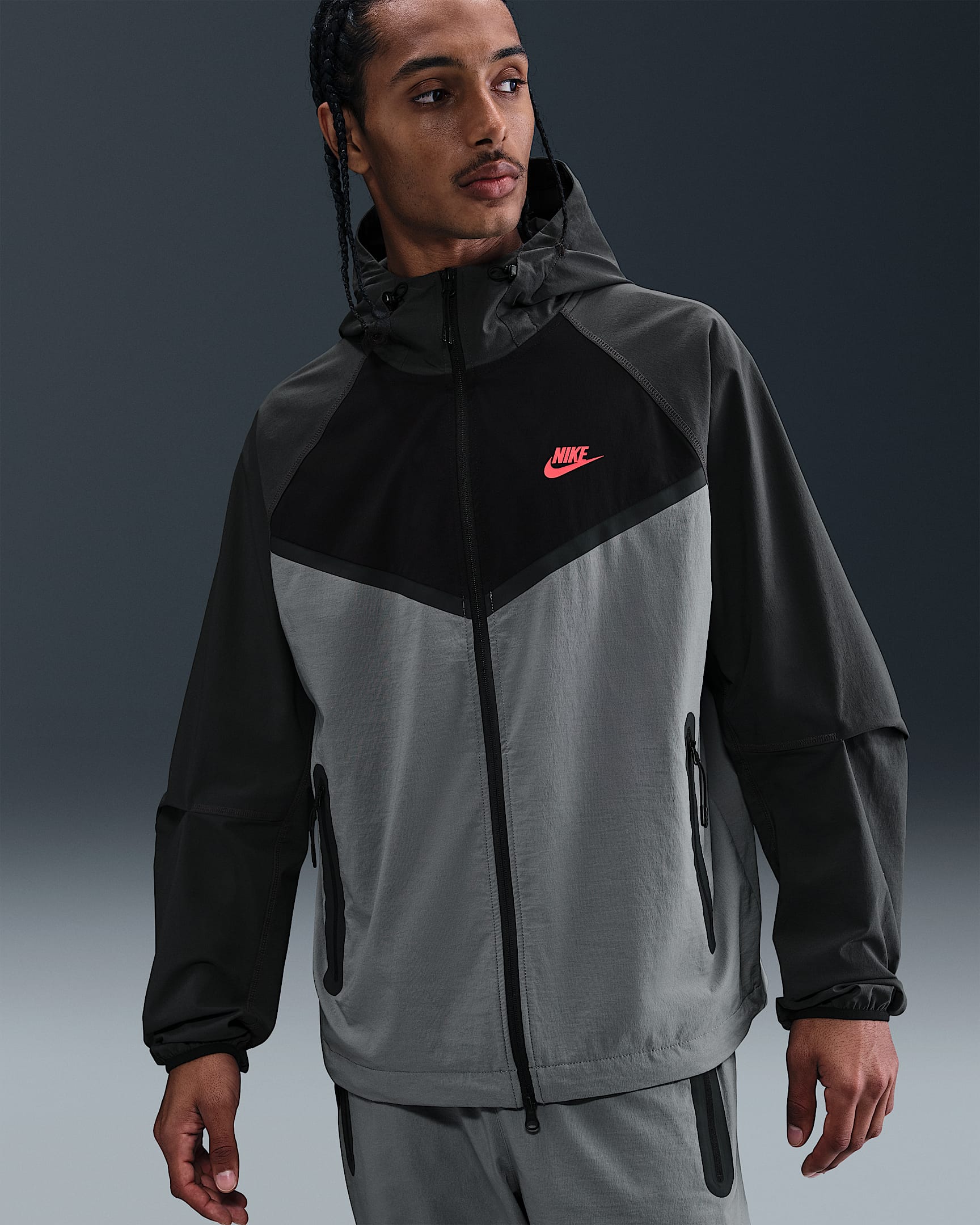 Nike Tech geweven Windrunner herenjack met rits over de hele lengte - Smoke Grey/Anthracite/Zwart/Bright Crimson