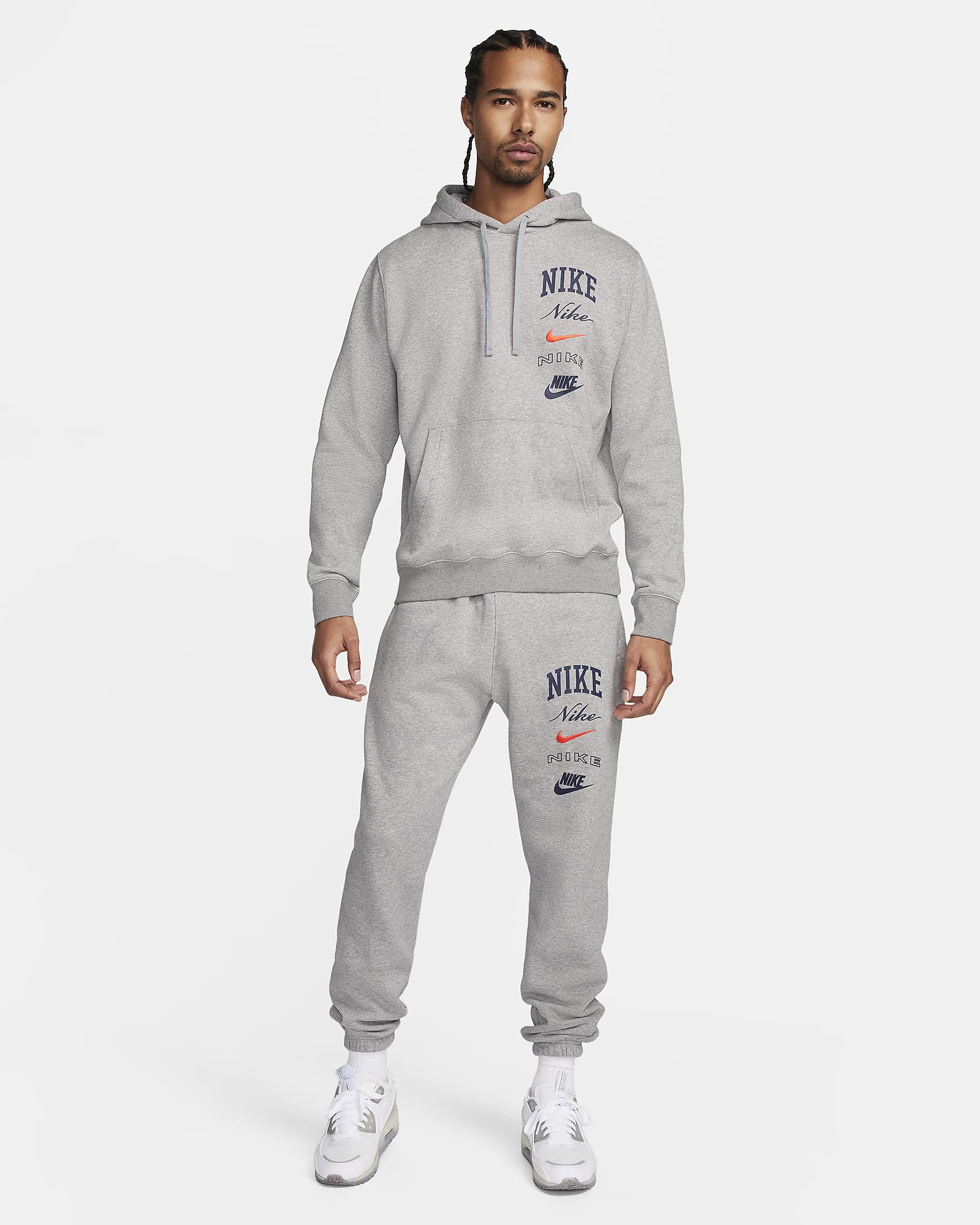 Nike Club Fleece Men's Pullover Hoodie - Dark Grey Heather/Light Smoke Grey/Safety Orange